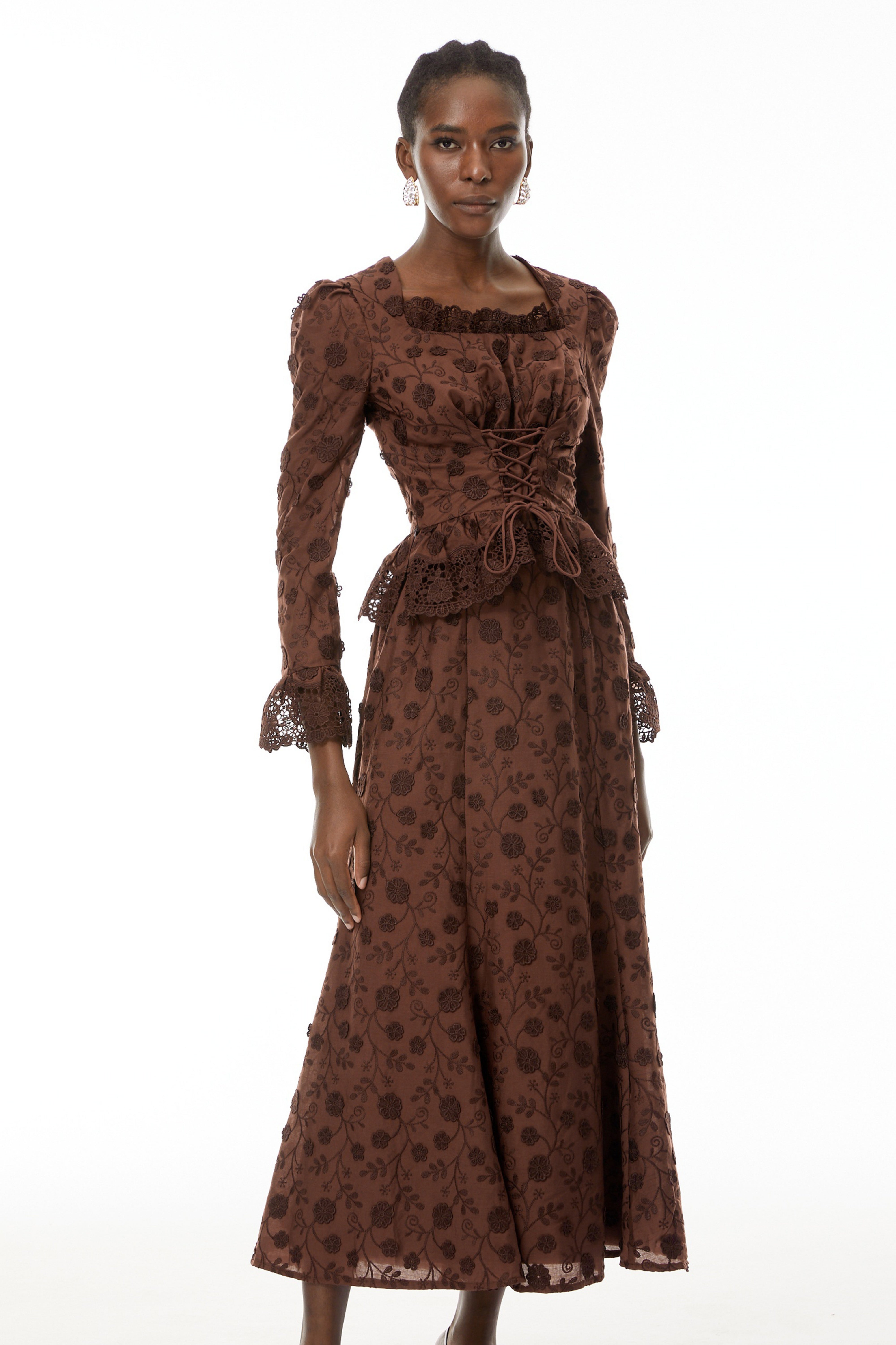 Fiorenza Brown Floral Lace Blouse & Skirt Set