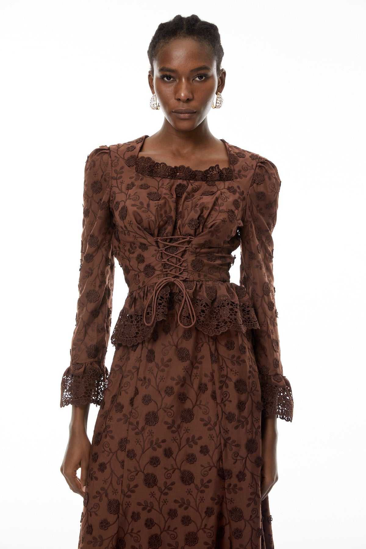 Fiorenza Brown Floral Lace Blouse & Skirt Set