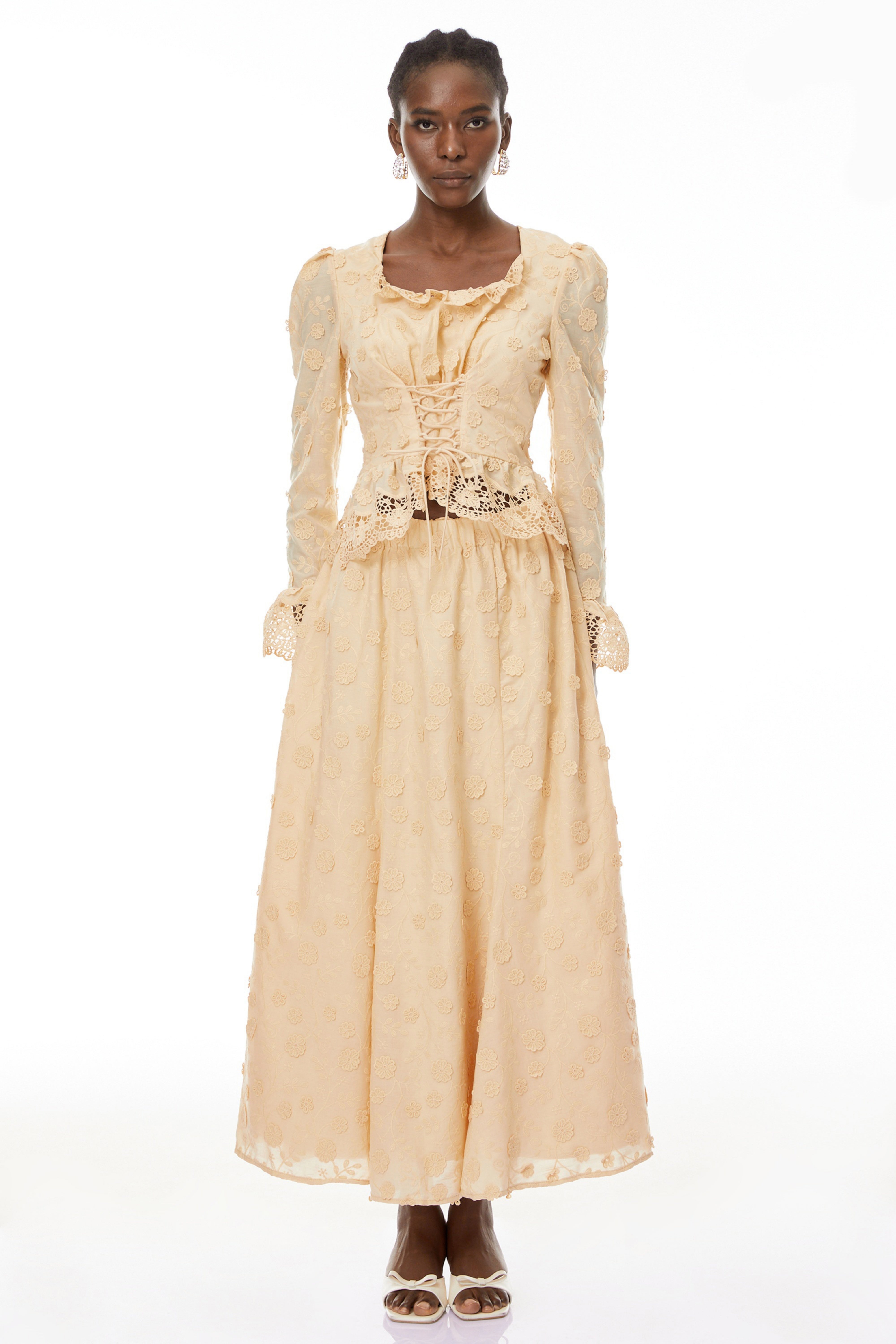Fiorenza Neutrals Floral Lace Blouse & Skirt Set (Final Sale-US Only)