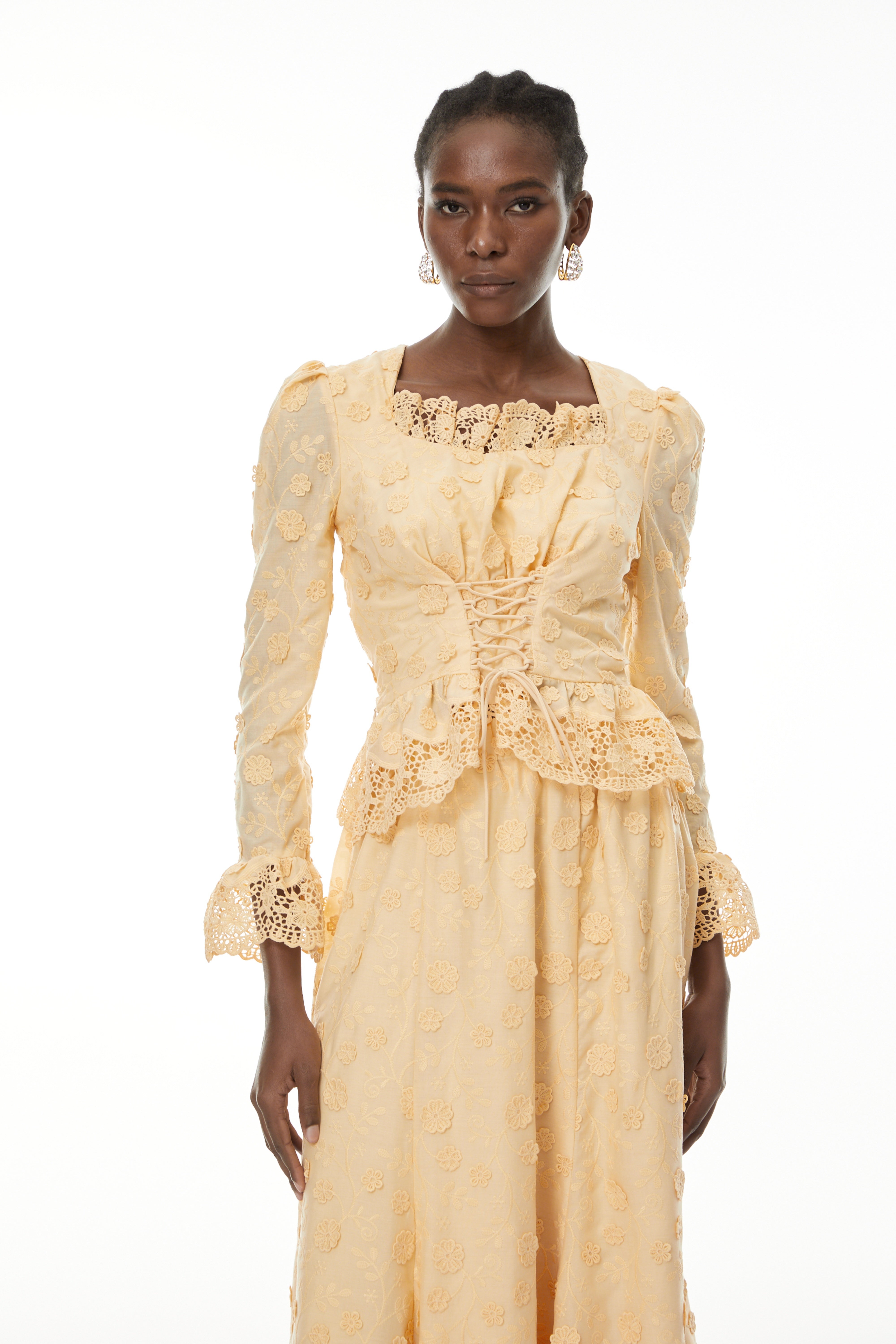Fiorenza Neutrals Floral Lace Blouse & Skirt Set (Final Sale-US Only)
