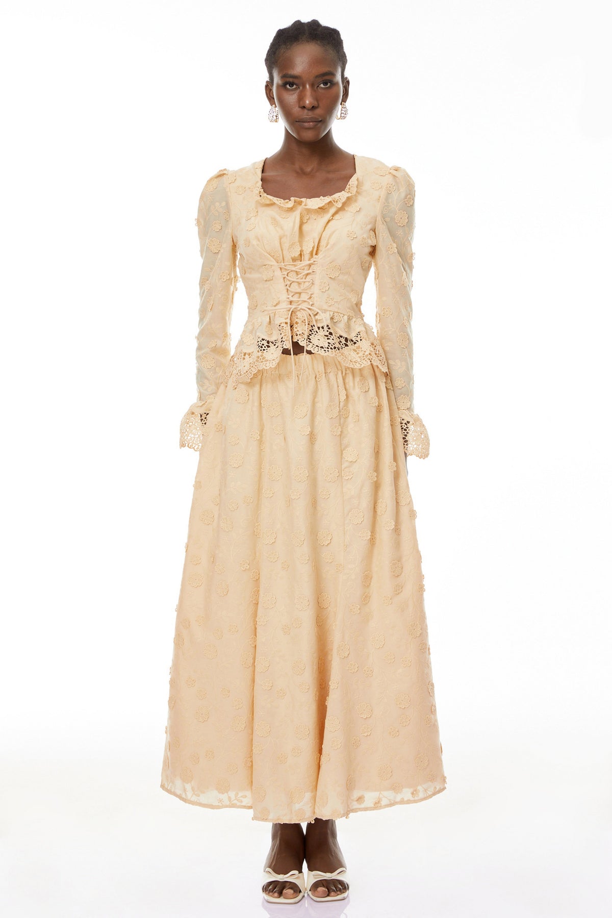 Fiorenza Neutrals Floral Lace Blouse & Skirt Set (Final Sale)
