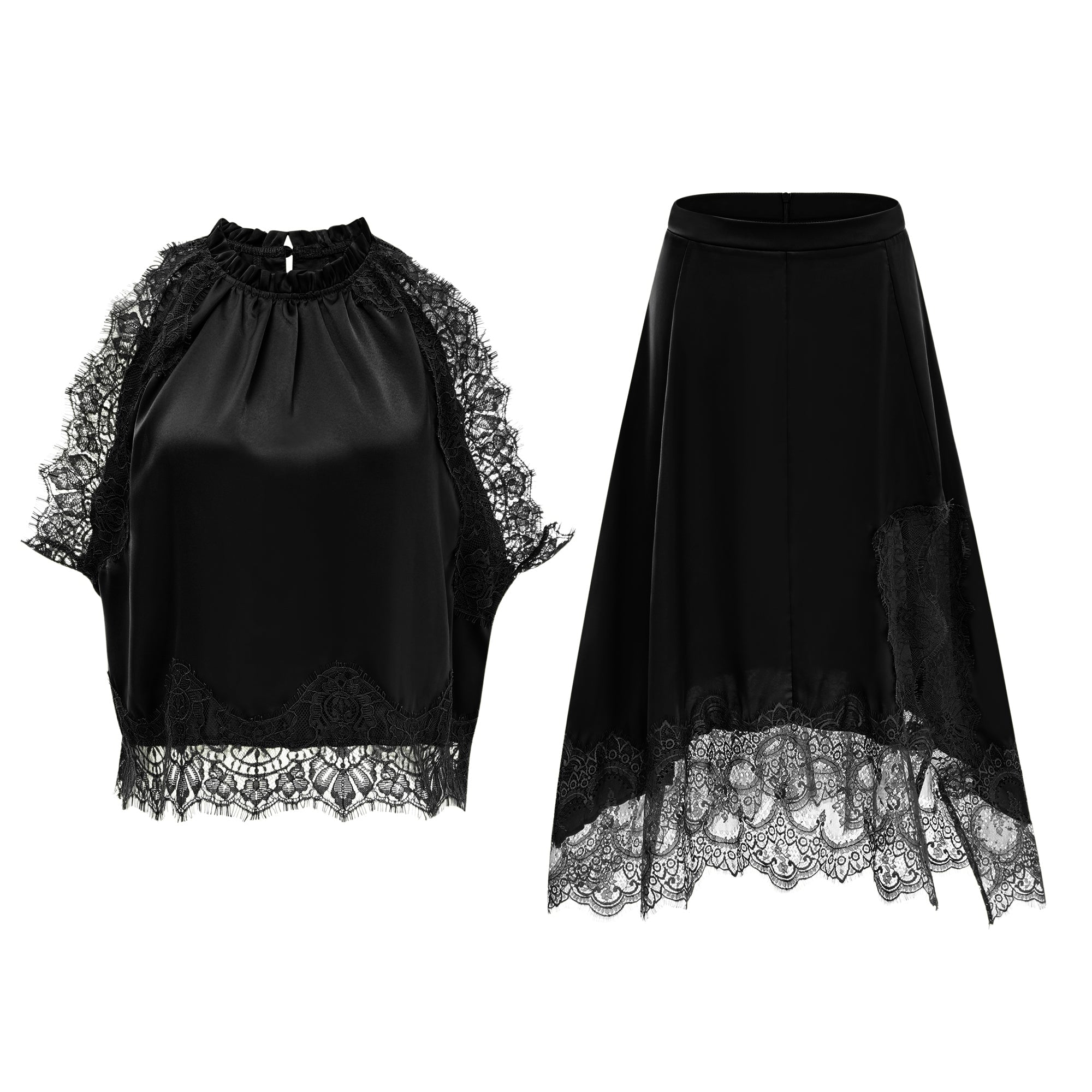 Florence Black Lace Panel Top & Skirt Set