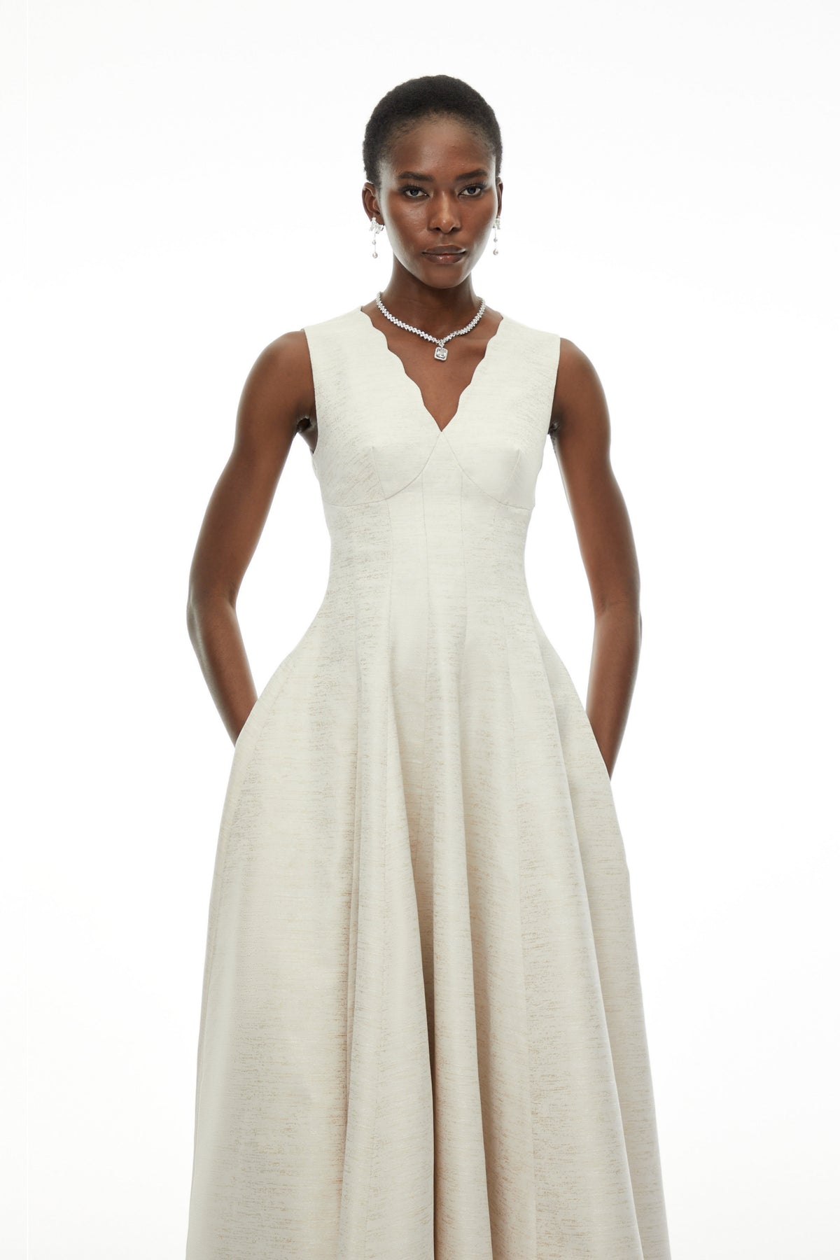 Florence Cream V-Neck Flared Satin Maxi Dress