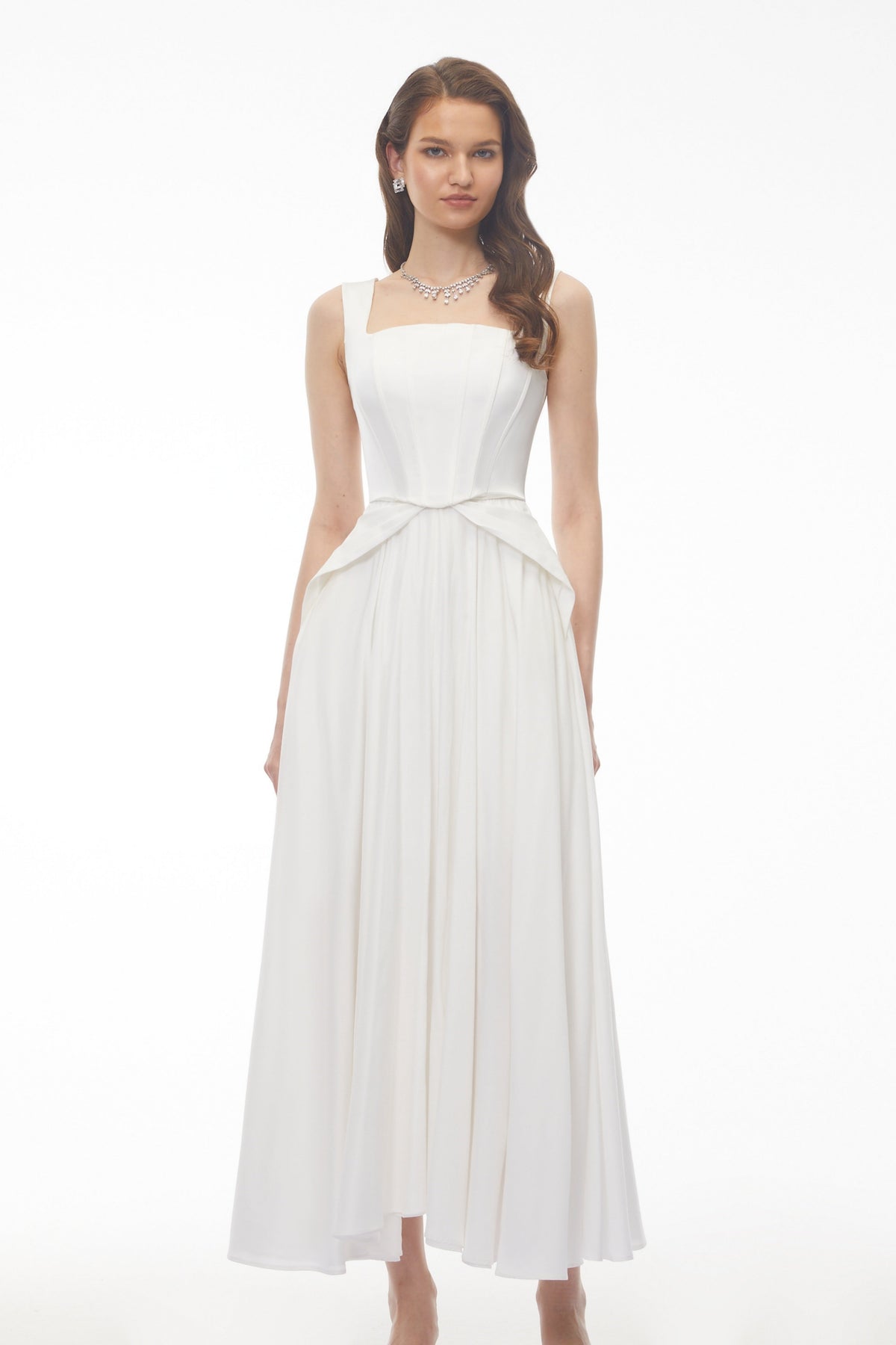 Forugh White Pleated Satin Maxi Dress