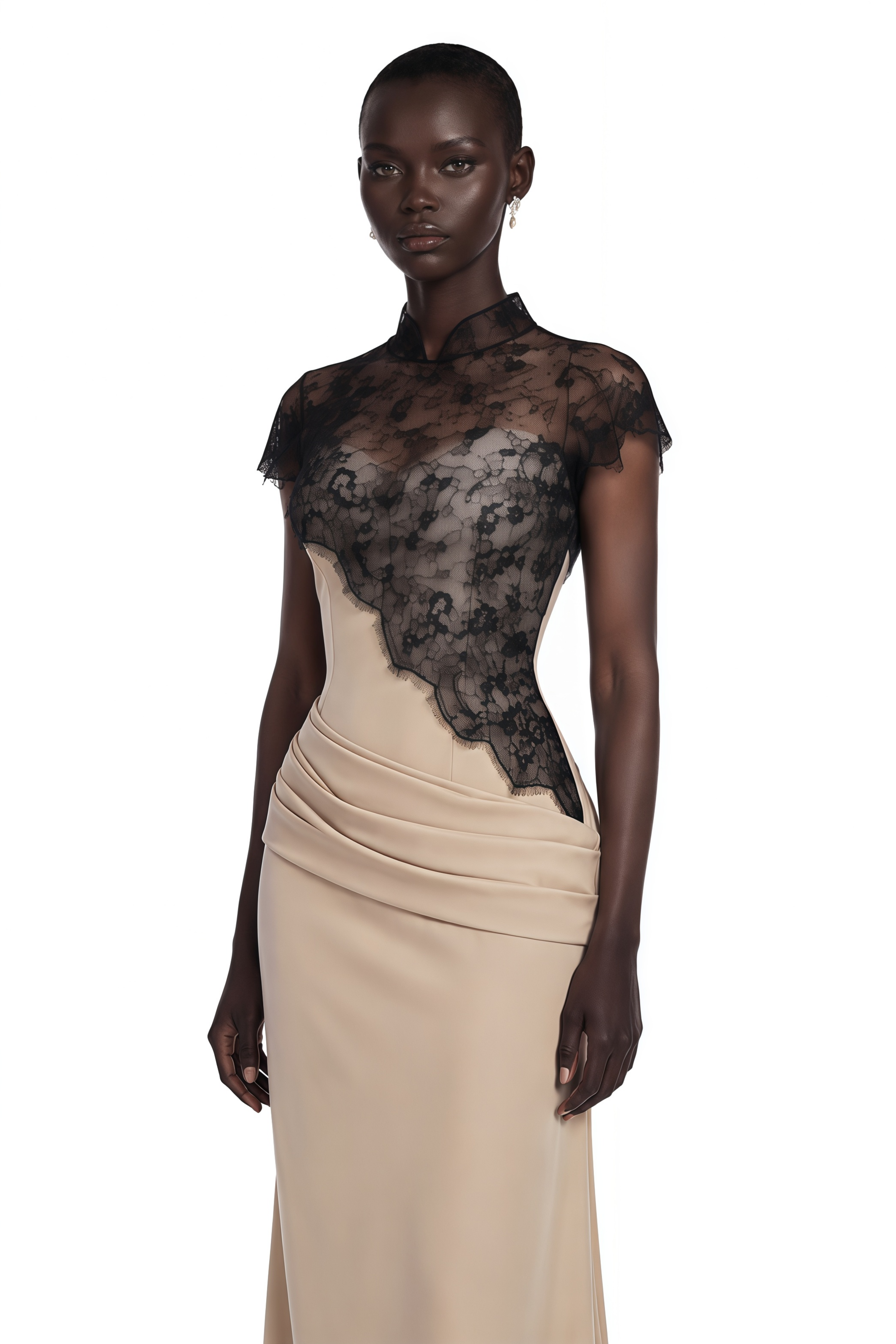 Francesca Neutral Ruched Maxi Dress & Lace Cape Set