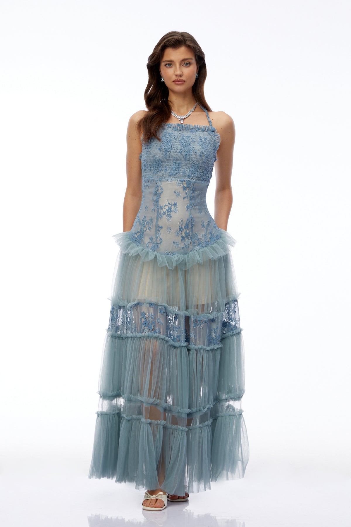 Francine Dusty Blue Floral Lace Tiered Maxi Dress