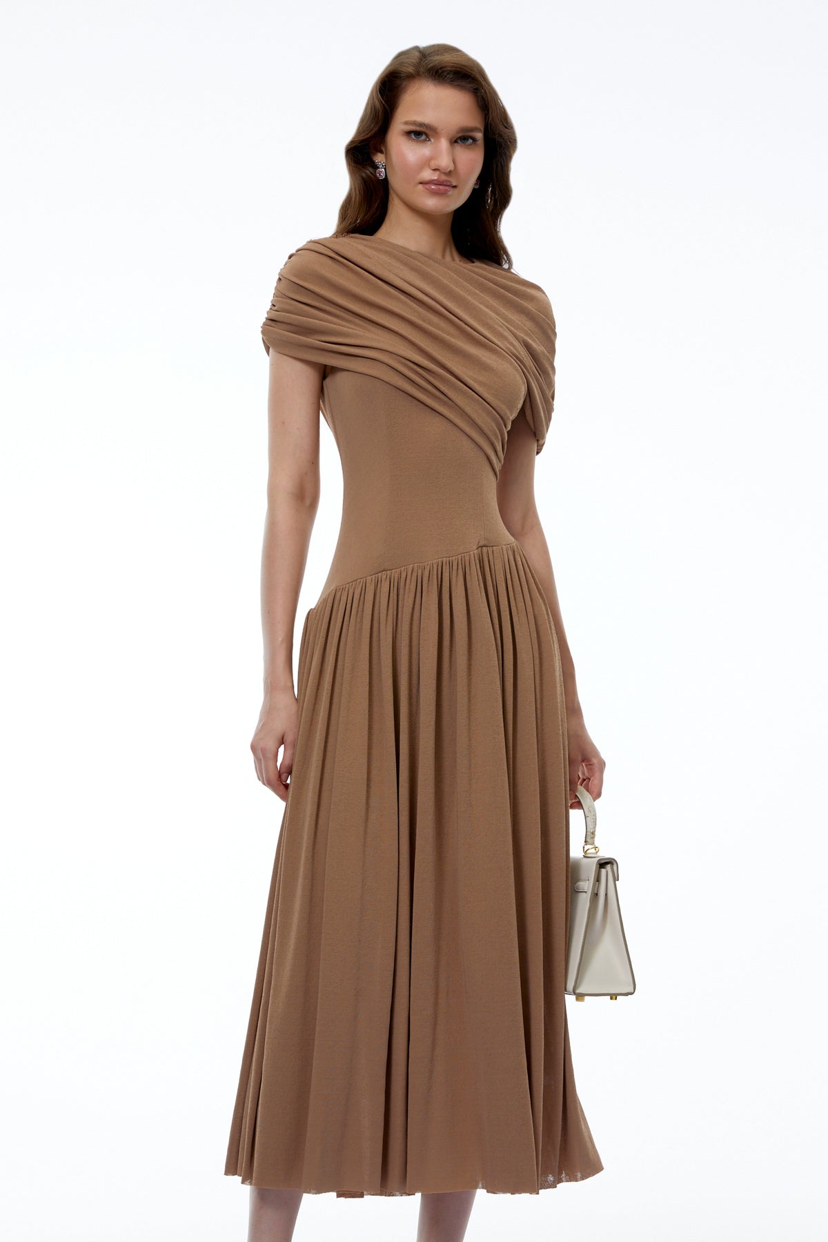 Francine Khaki Asymmetrical Ruched Midi Dress