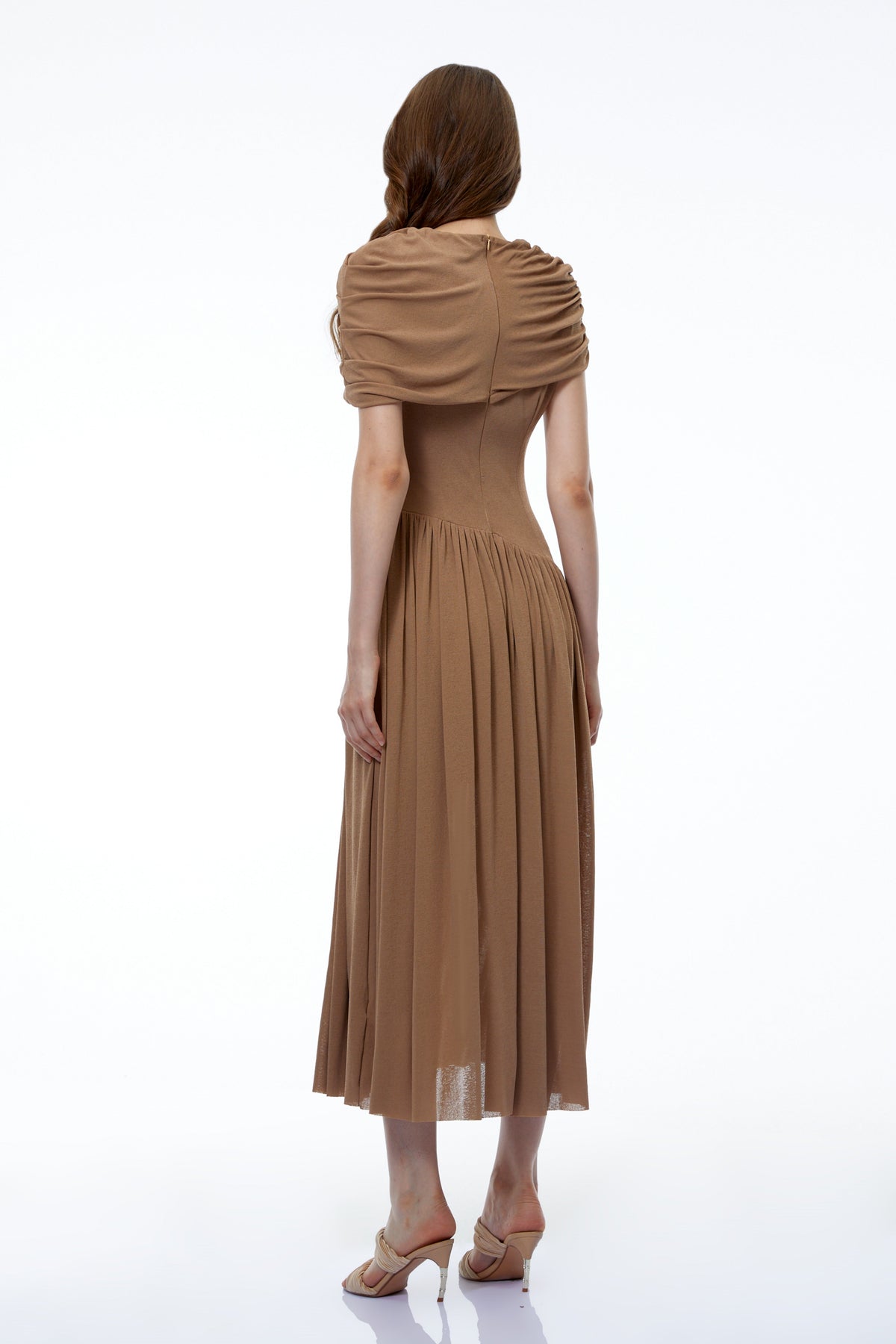 Francine Khaki Asymmetrical Ruched Midi Dress