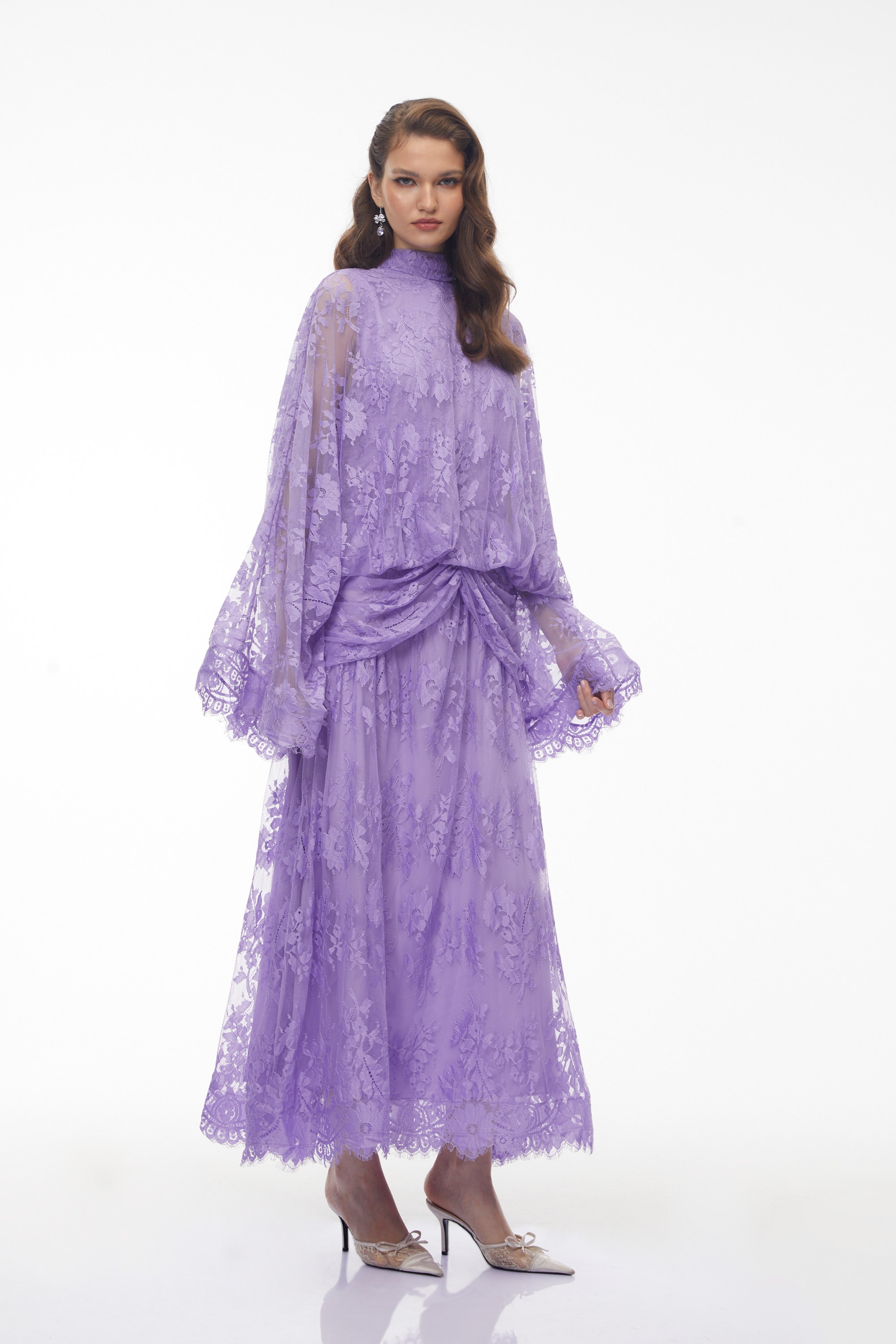 Franziska Purple Draped Lace Maxi Dress