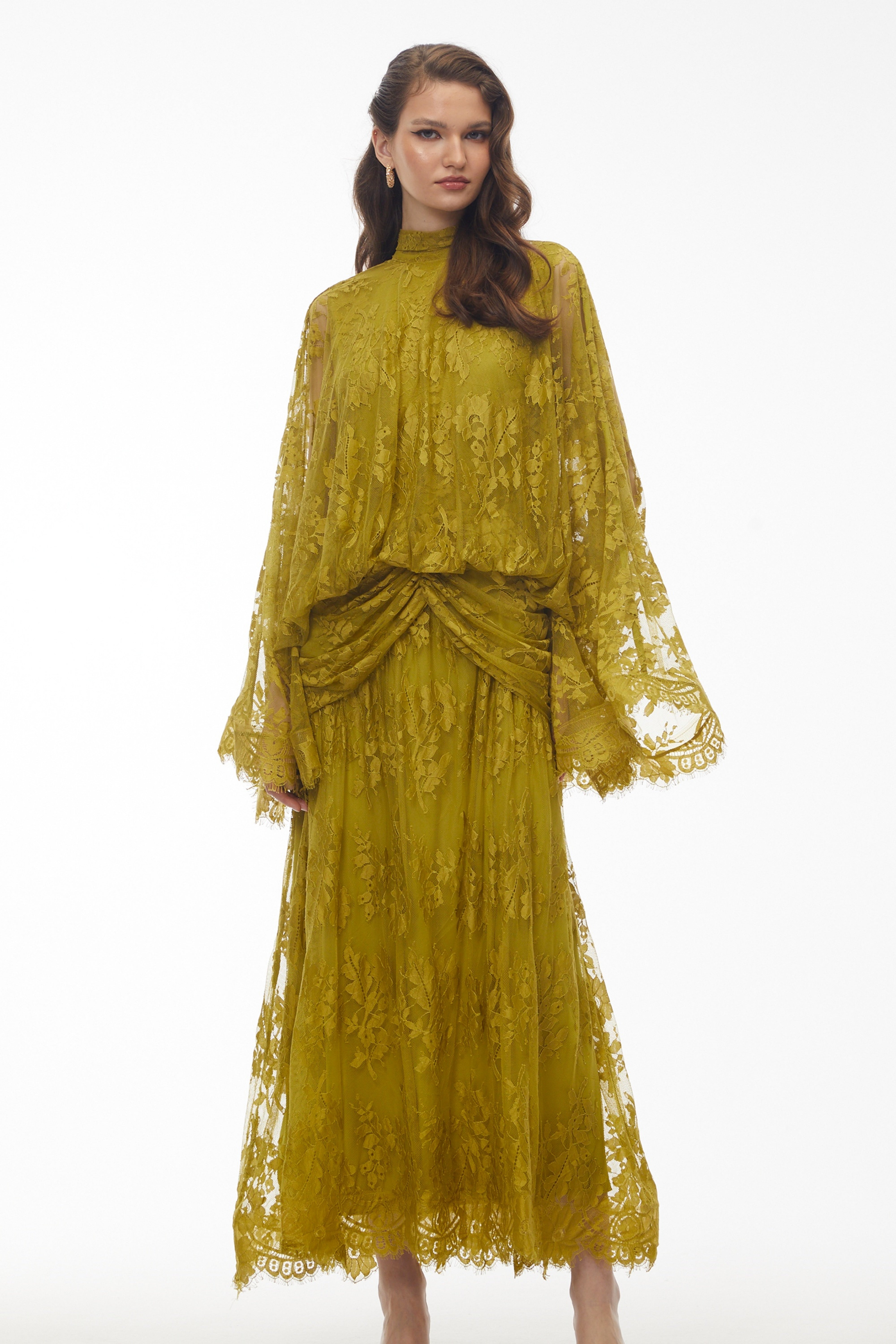 Franziska Yellow Draped Lace Maxi Dress