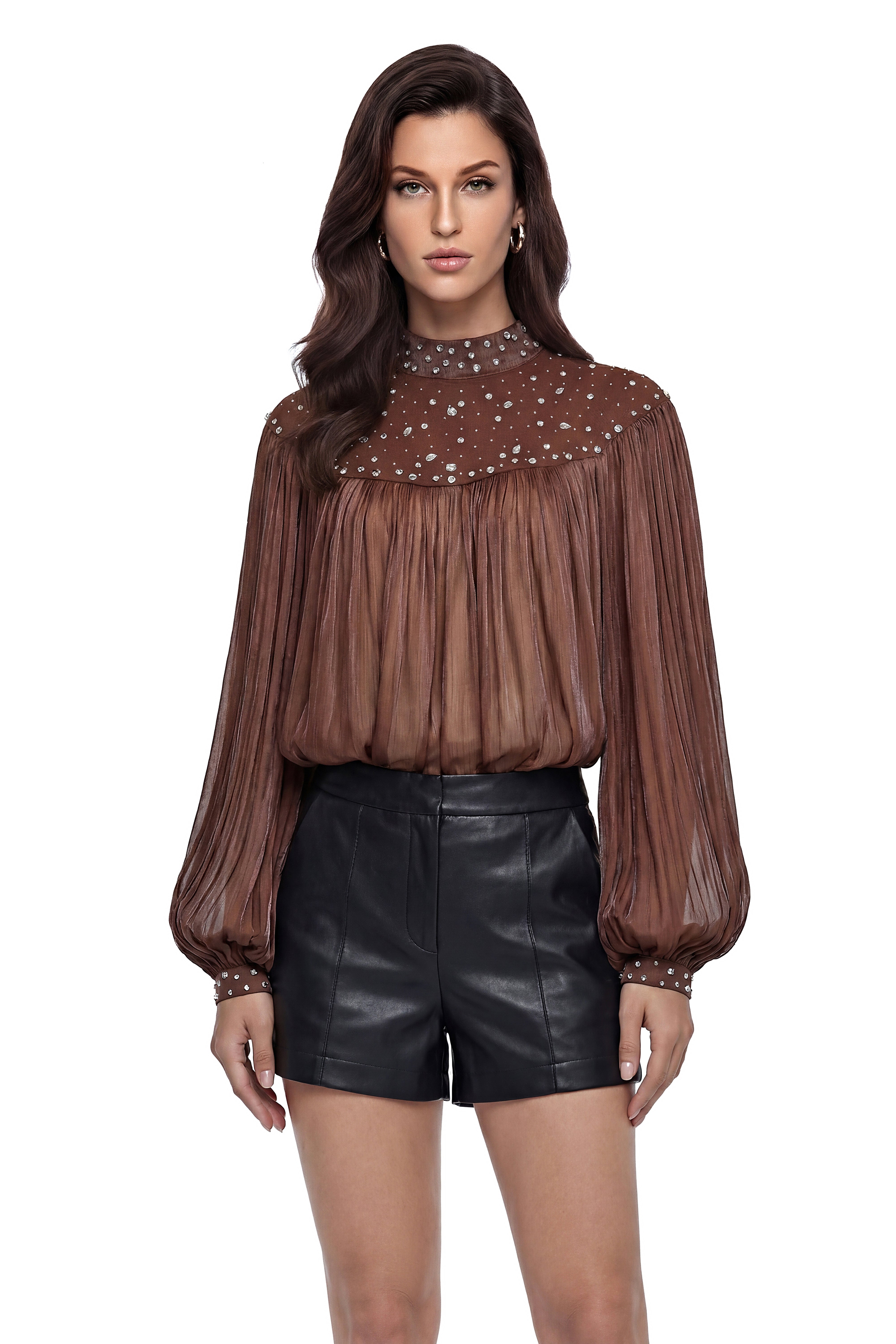 Freyja Chocolate Brown Embellished Pleated Chiffon Blouse