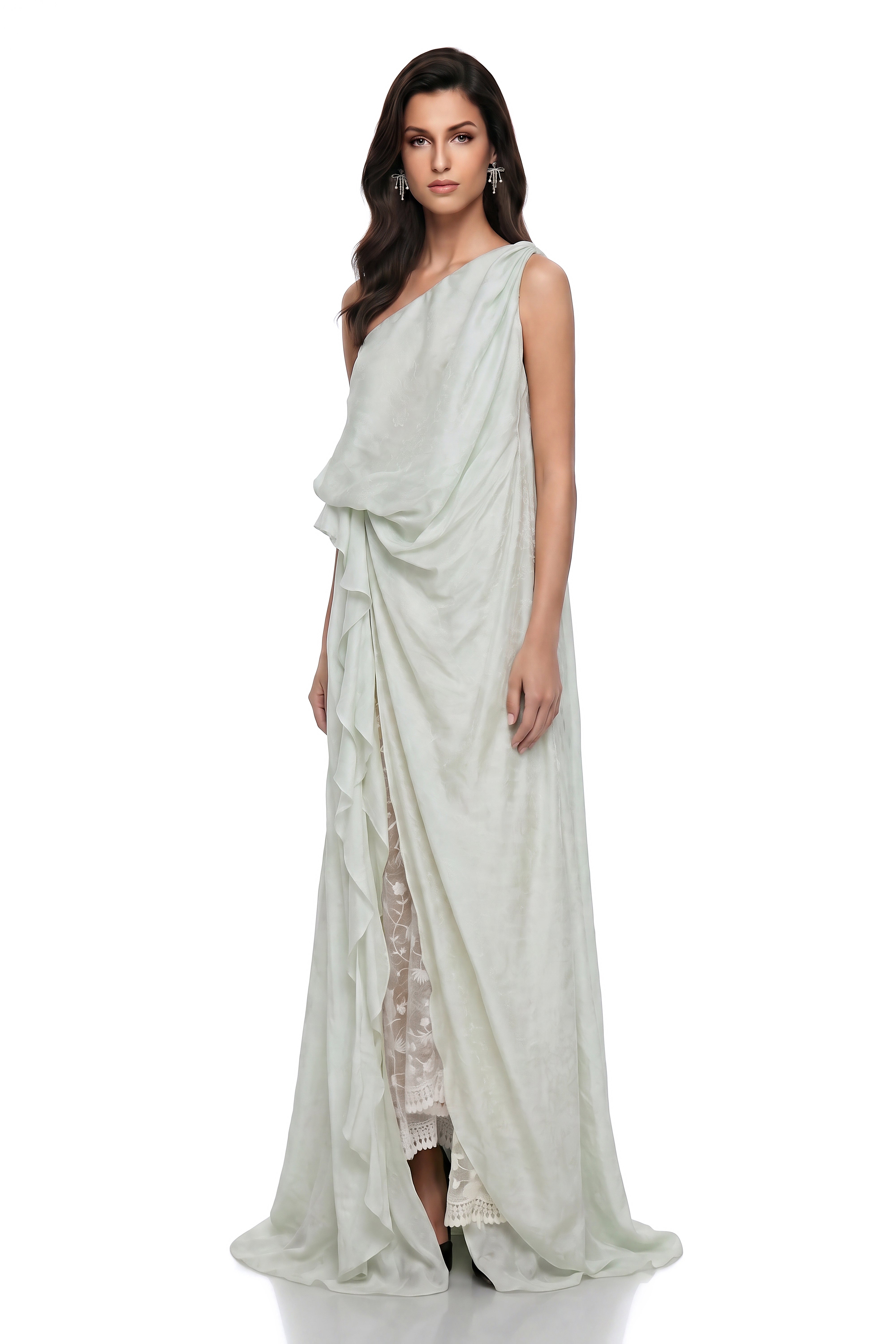 Frusina Green Ruffled Maxi Dress with Lace Panels