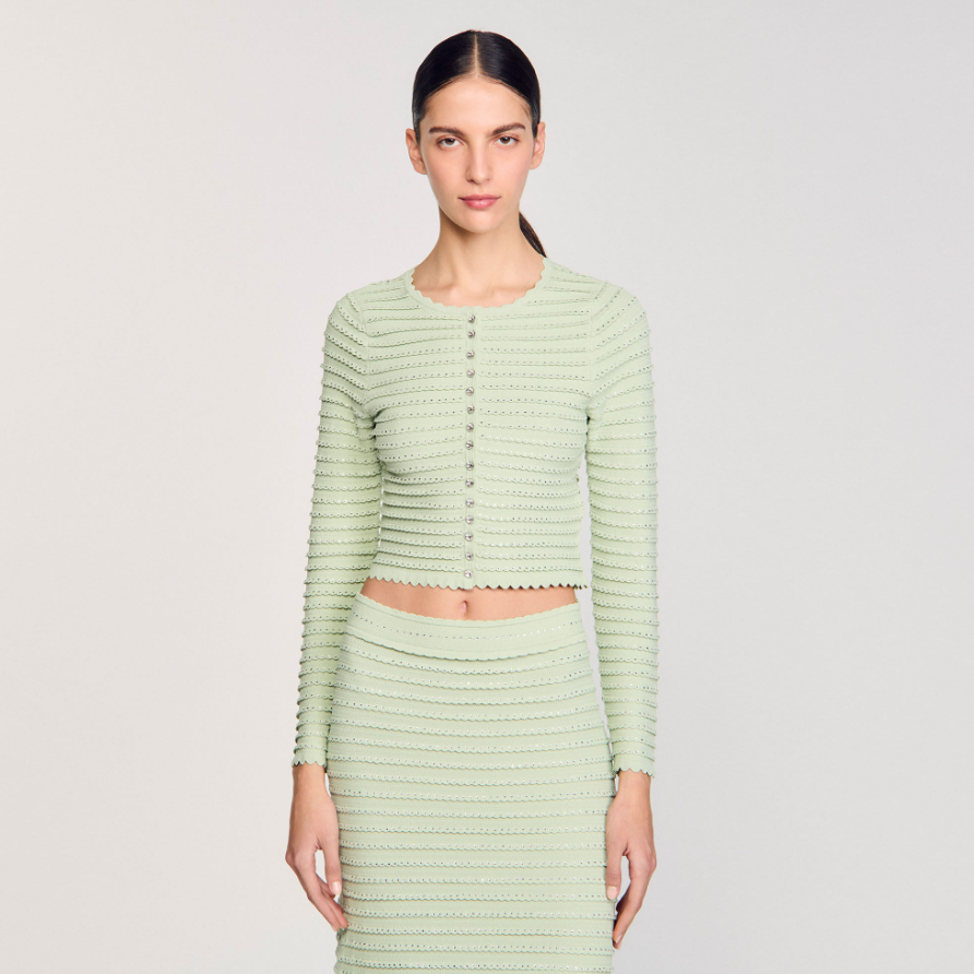 SANDRO SERAPHINA RHINESTONE FANCY KNIT CARDIGAN & MAXI SKIRT SET –  MINT GREEN