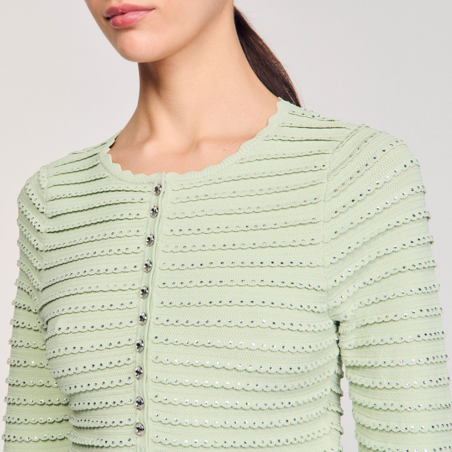 SANDRO SERAPHINA RHINESTONE FANCY KNIT CARDIGAN & MAXI SKIRT SET – MINT GREEN