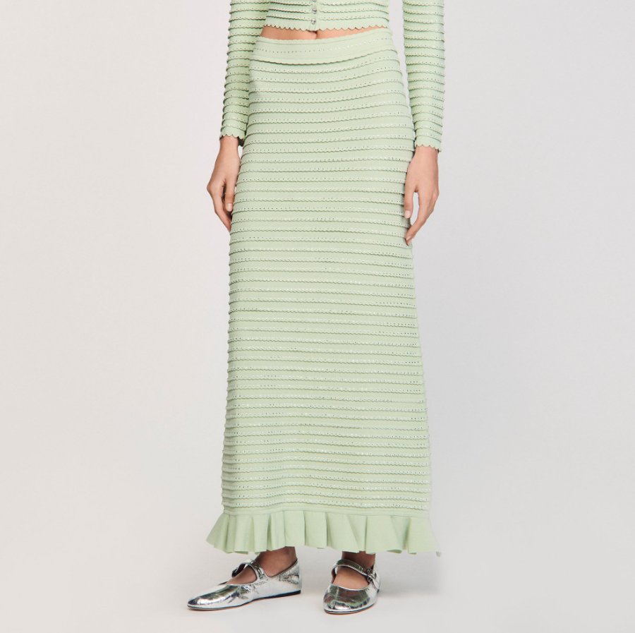 SANDRO SERAPHINA RHINESTONE FANCY KNIT CARDIGAN & MAXI SKIRT SET –  MINT GREEN