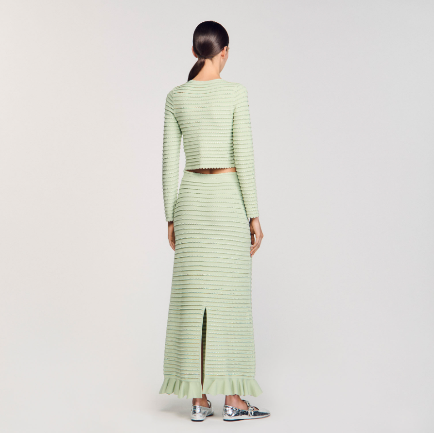 SANDRO SERAPHINA RHINESTONE FANCY KNIT CARDIGAN & MAXI SKIRT SET – MINT GREEN