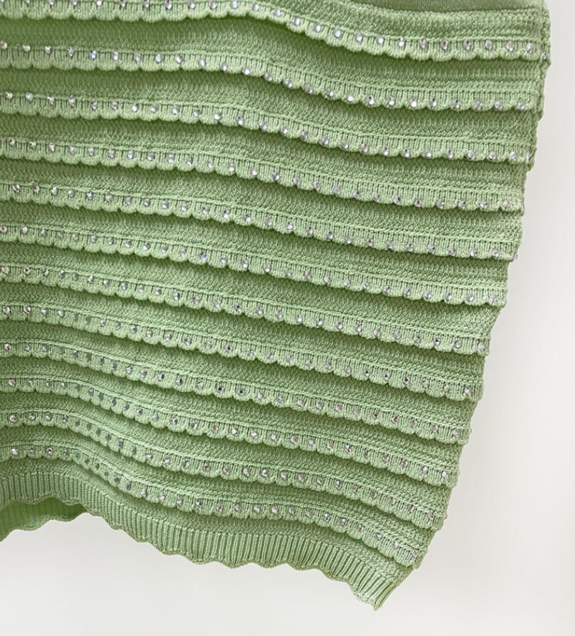 SANDRO SERAPHINA RHINESTONE FANCY KNIT CARDIGAN & MAXI SKIRT SET –  MINT GREEN