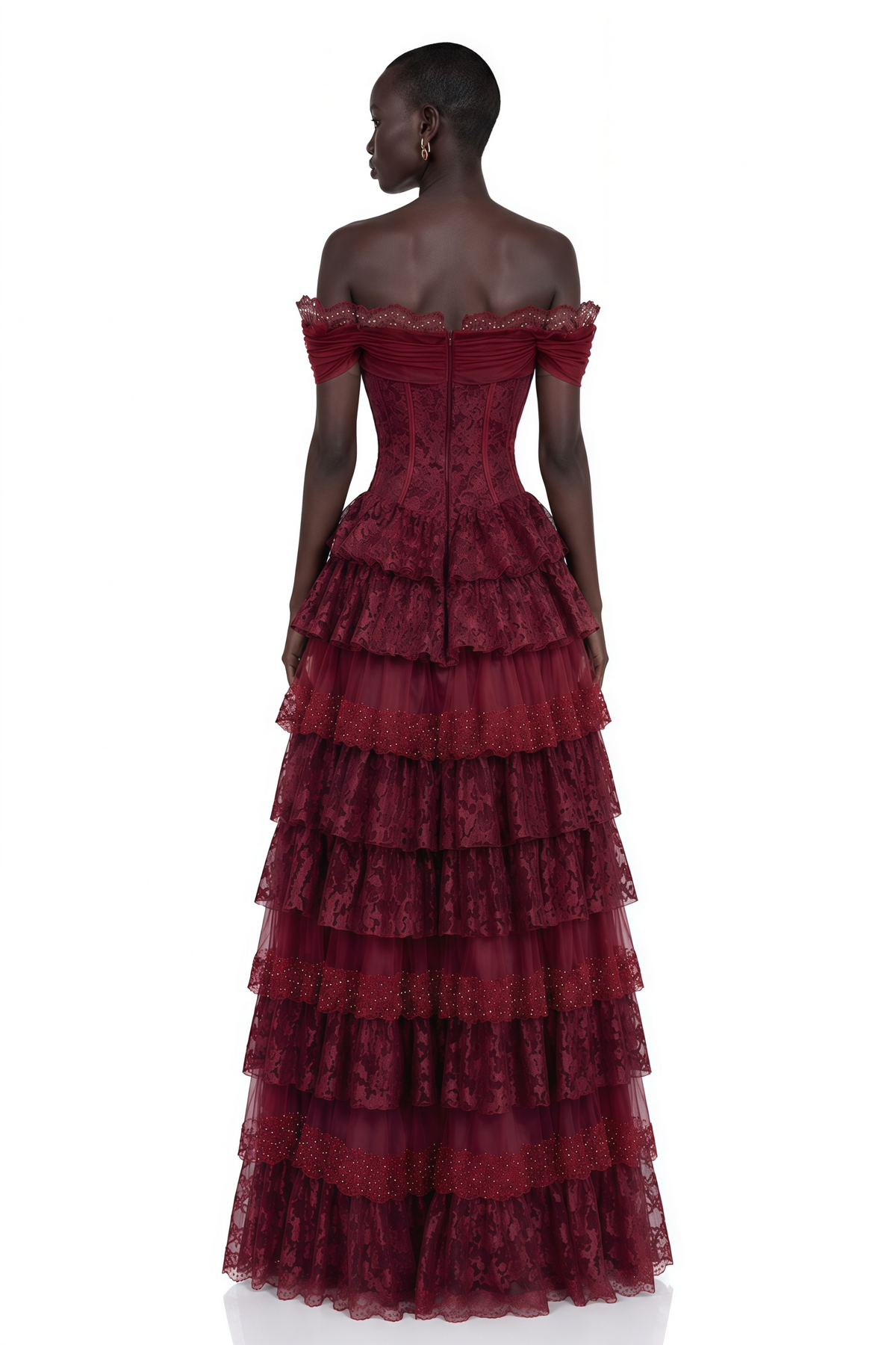 Gabrielle Burgundy Floral Lace Tiered Maxi Dress