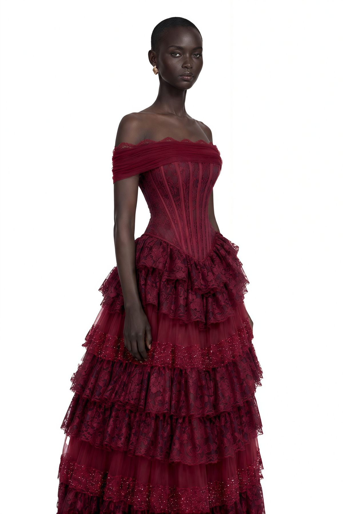 Gabrielle Burgundy Floral Lace Tiered Maxi Dress