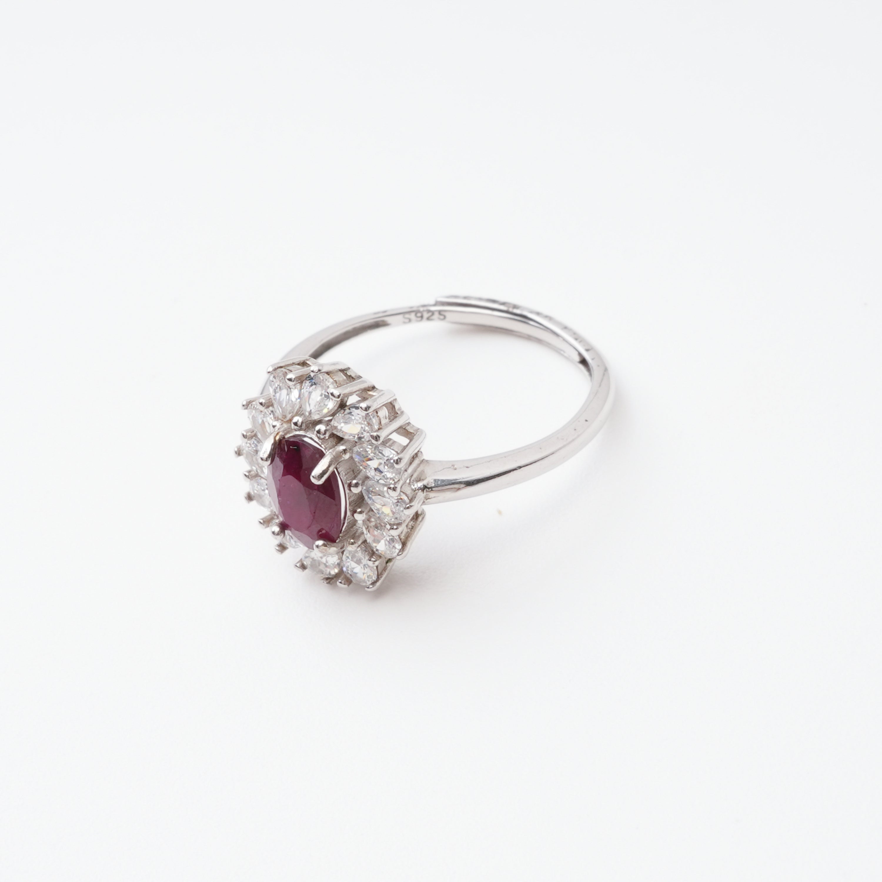 Gabrielle Ruby Floral Halo Sterling Silver Ring