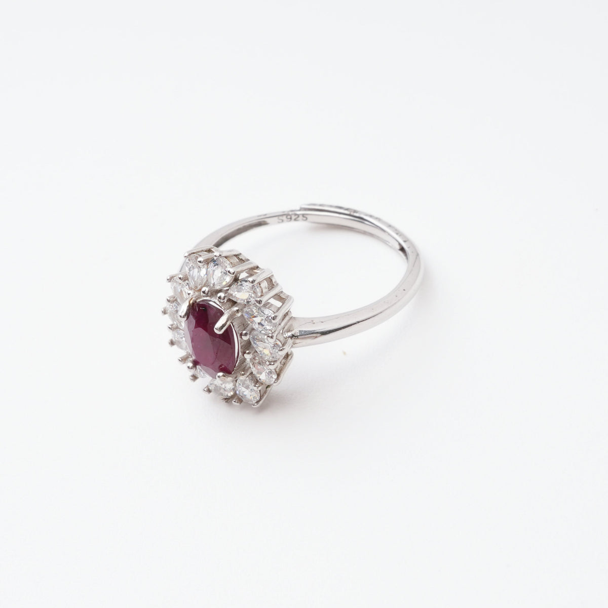 Gabrielle Ruby Floral Halo Sterling Silver Ring