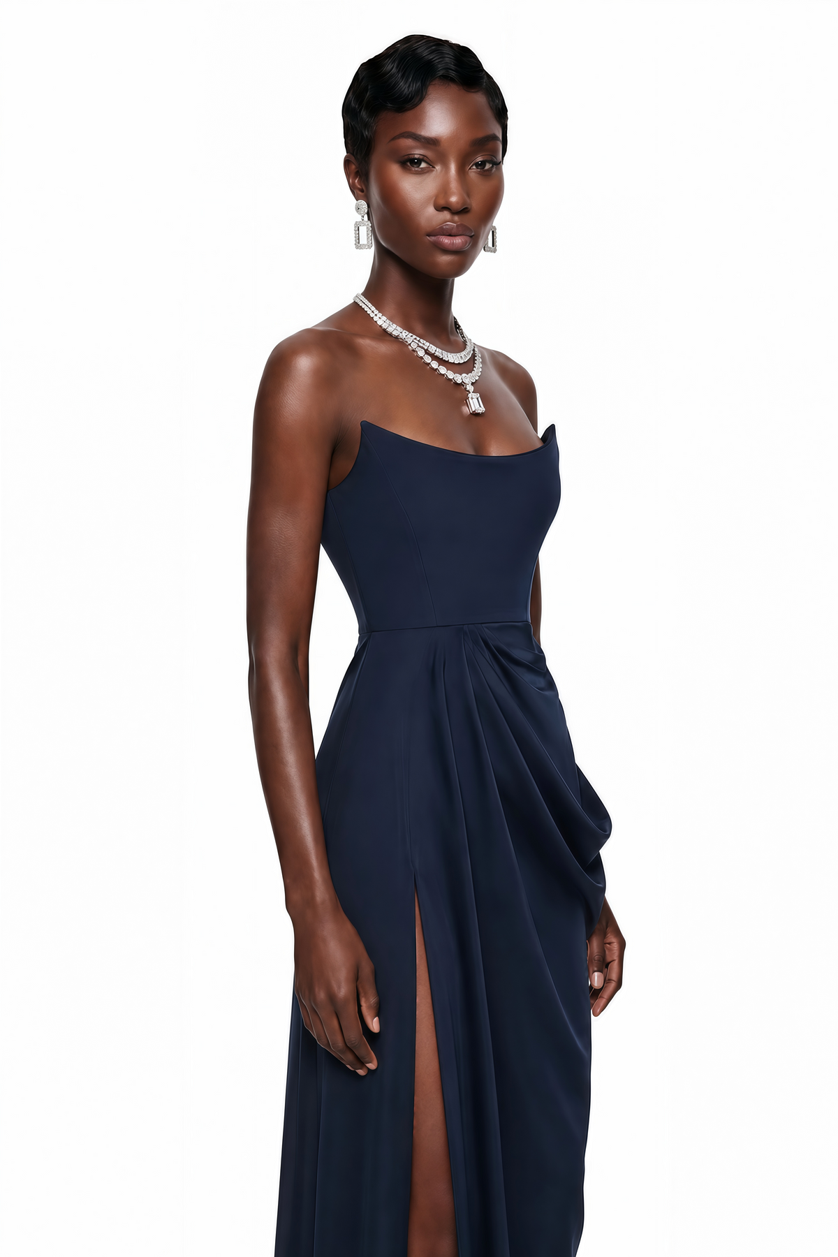 Gamze Navy Blue Draped Maxi Dress with High Slit