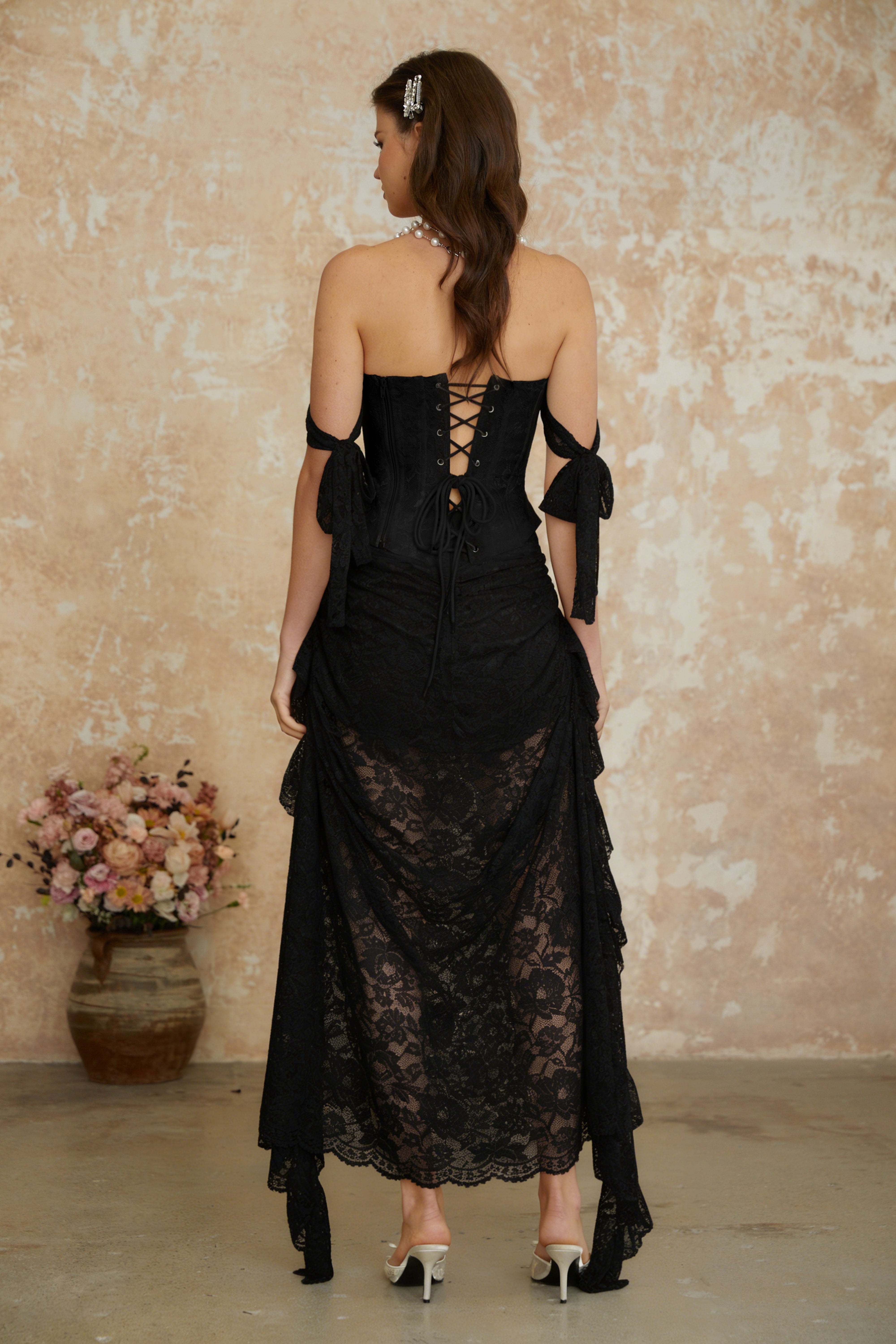 Garance Black Pearl Floral Lace Top & Skirt Set