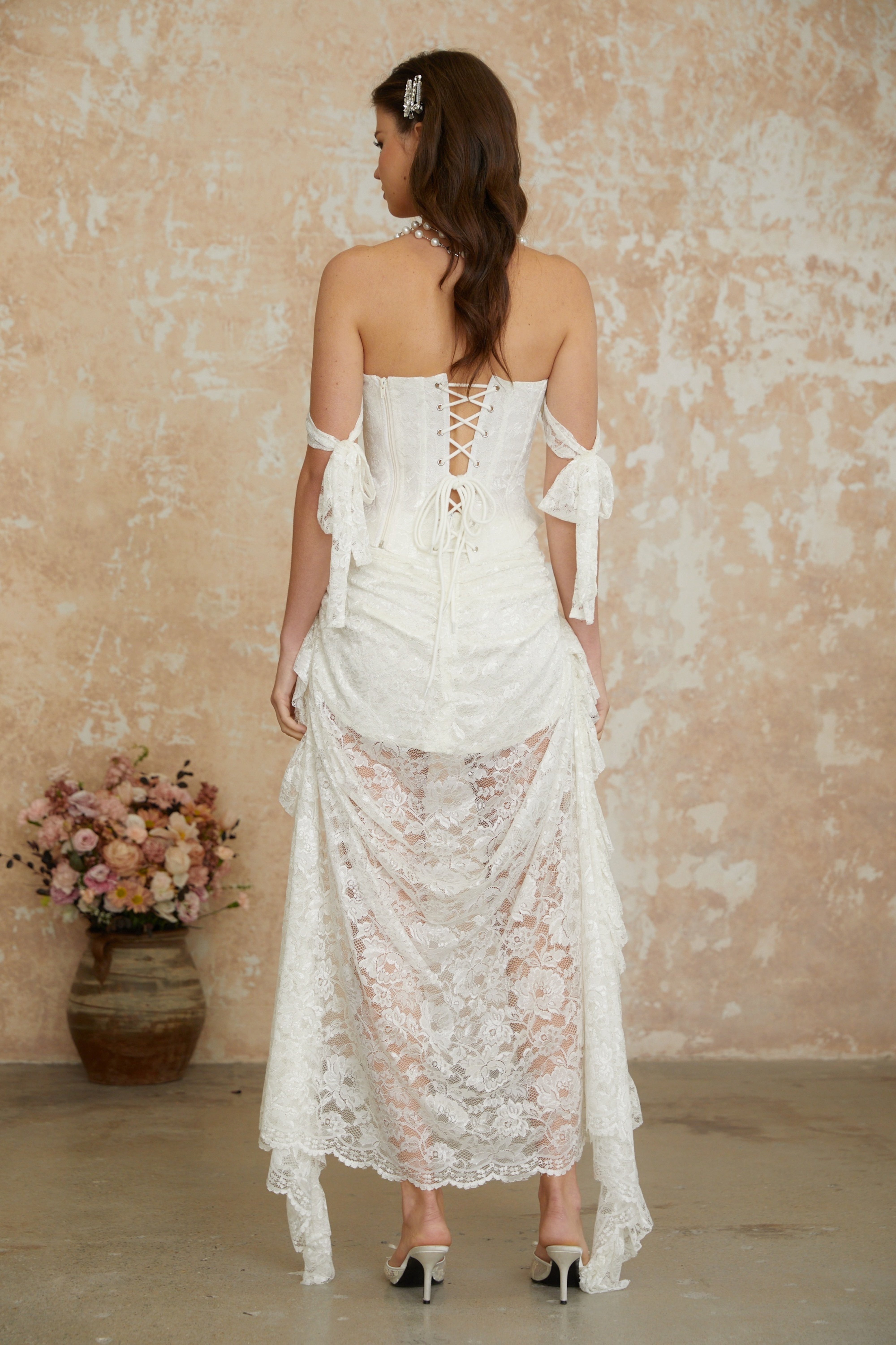 Garance White Pearl Floral Lace Top & Skirt Set