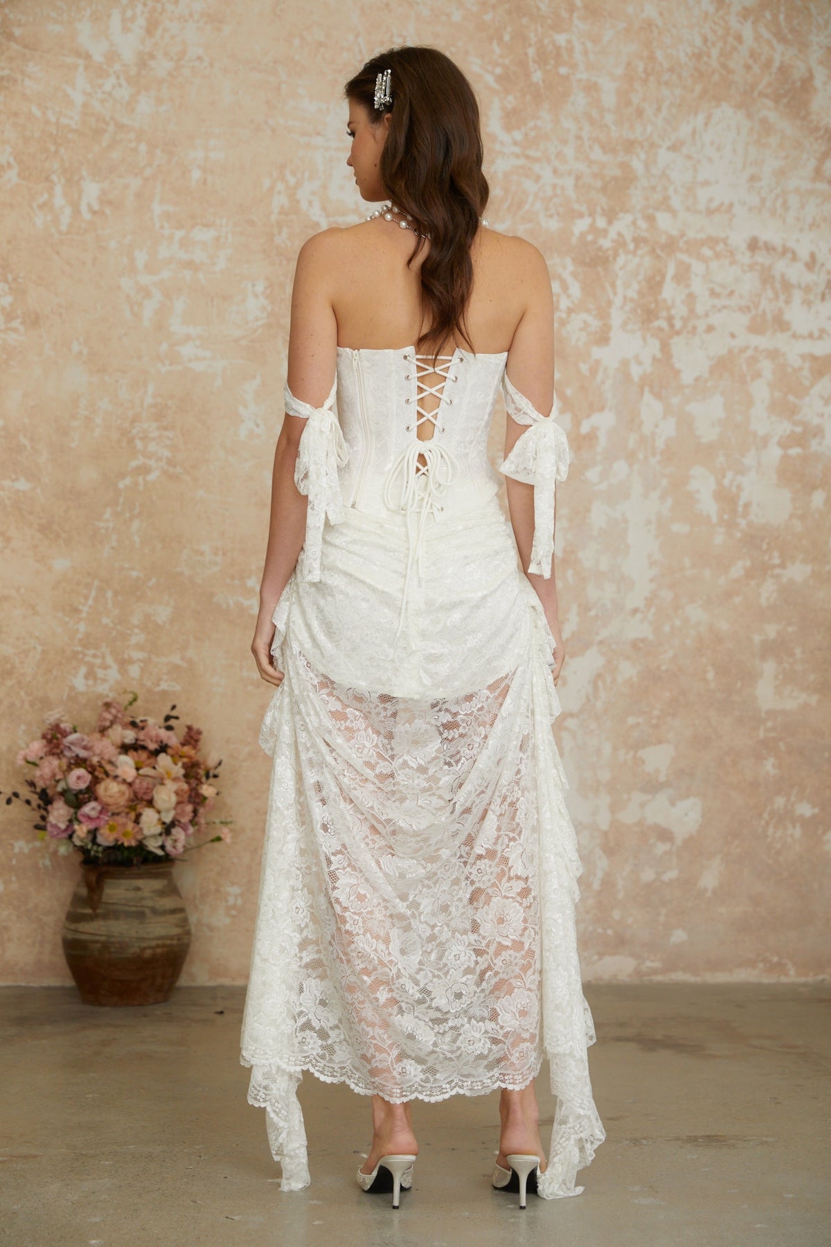 Garance White Pearl Floral Lace Top & Skirt Set (Final Sale-US Only)
