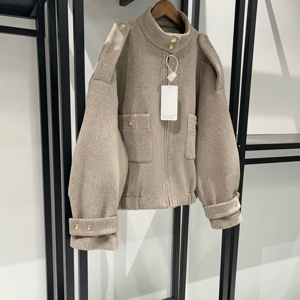MADDY VIVIENNE BEIGE MIXED WOOL OVERSIZED JACKET WITH HIGH COLLAR AND GOLD BUTTONED FINISHES - BEIGE