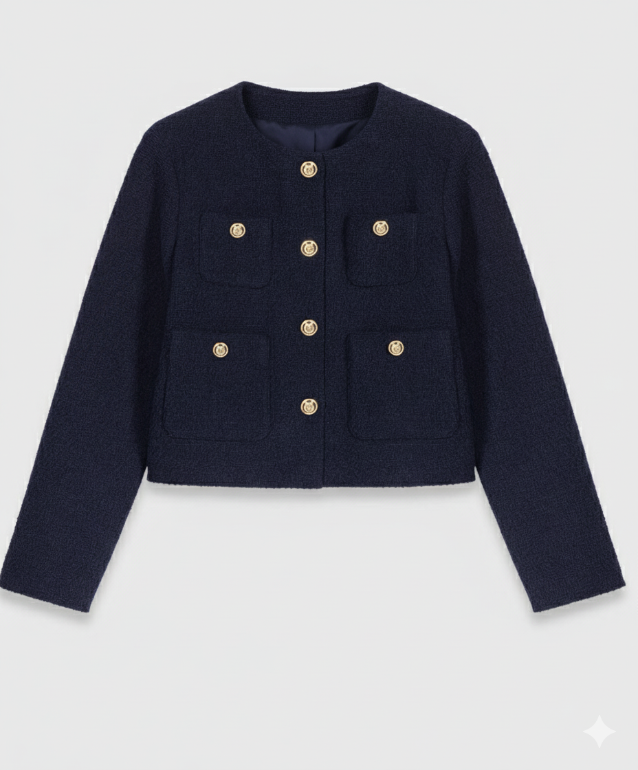 MADDY ELLIOT NAVY CROPPED TWEED JACKET WITH REMOVABLE CONTRAST COLLAR AND GOLD BUTTONS - NAVY