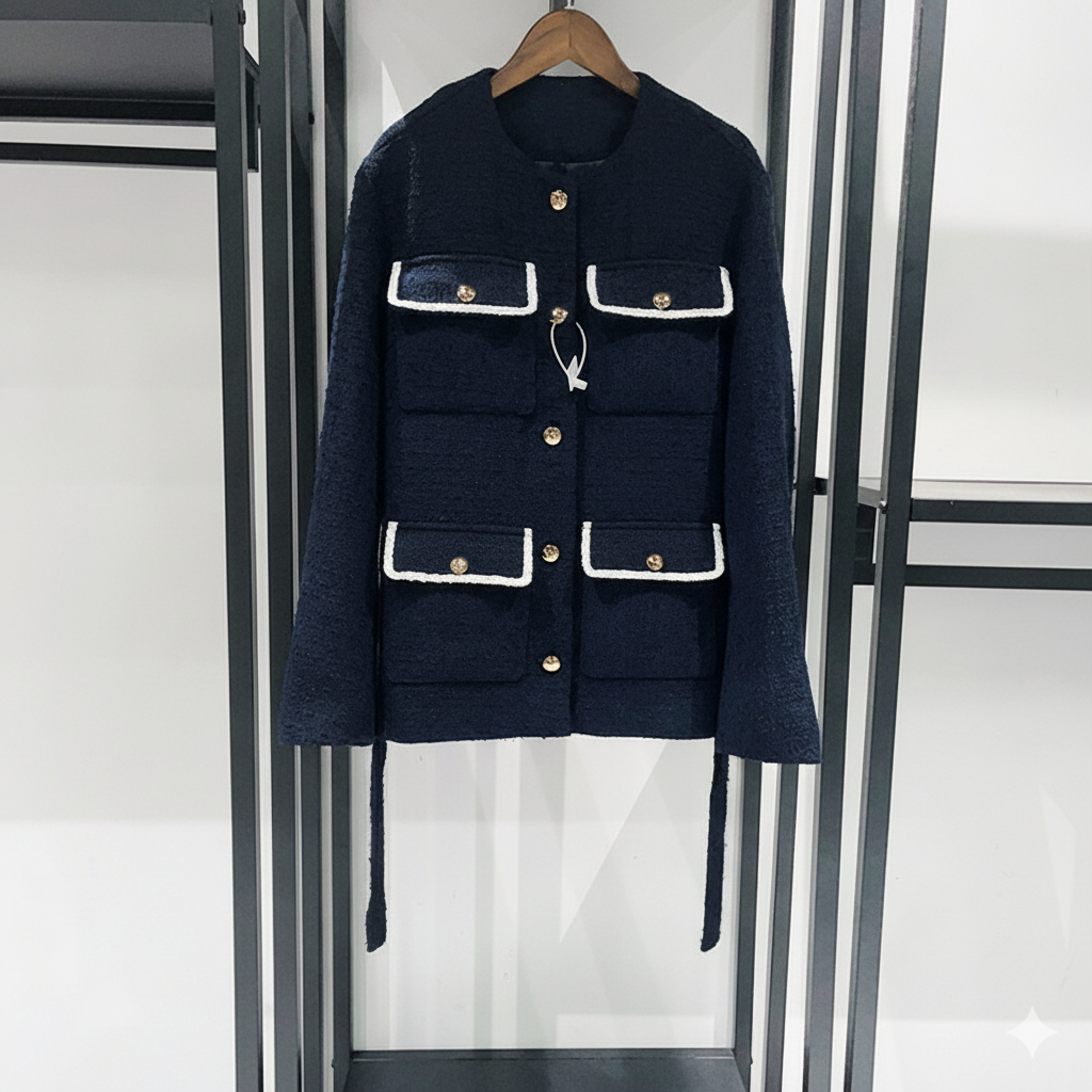 MADDY ARIA 4-POCKET NAVY CROPPED TWEED JACKET WITH GOLD BUTTONS - NAVY