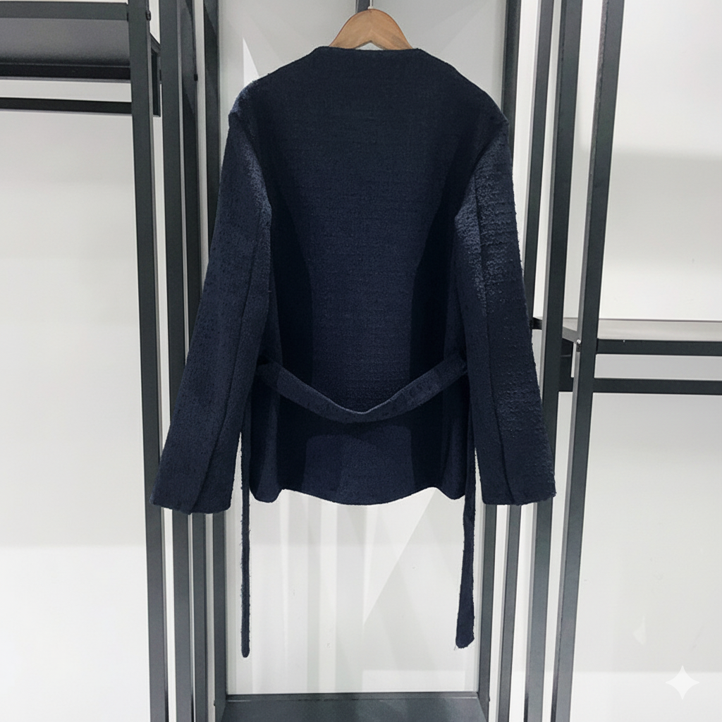 MADDY ARIA 4-POCKET NAVY CROPPED TWEED JACKET WITH GOLD BUTTONS - NAVY