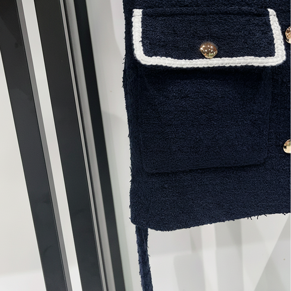 MADDY ARIA 4-POCKET NAVY CROPPED TWEED JACKET WITH GOLD BUTTONS - NAVY