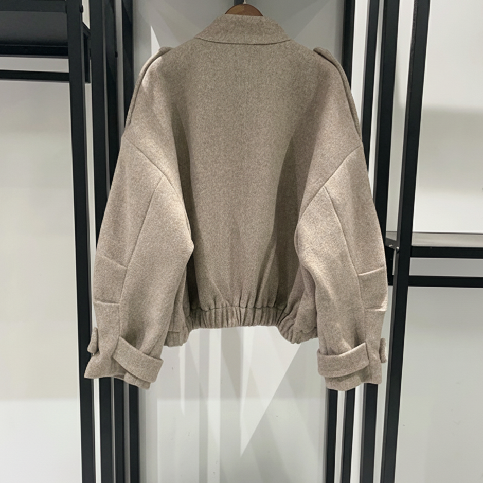 MADDY VIVIENNE BEIGE MIXED WOOL OVERSIZED JACKET WITH HIGH COLLAR AND GOLD BUTTONED FINISHES - BEIGE