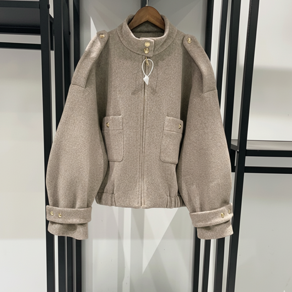 MADDY VIVIENNE BEIGE MIXED WOOL OVERSIZED JACKET WITH HIGH COLLAR AND GOLD BUTTONED FINISHES - BEIGE