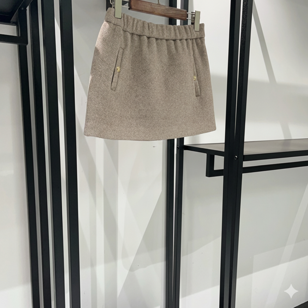 MADDY VIVIENNE BEIGE MIXED WOOL MINI SKIRT WITH FLAP POCKETS AND GOLD BUTTONS - BEIGE