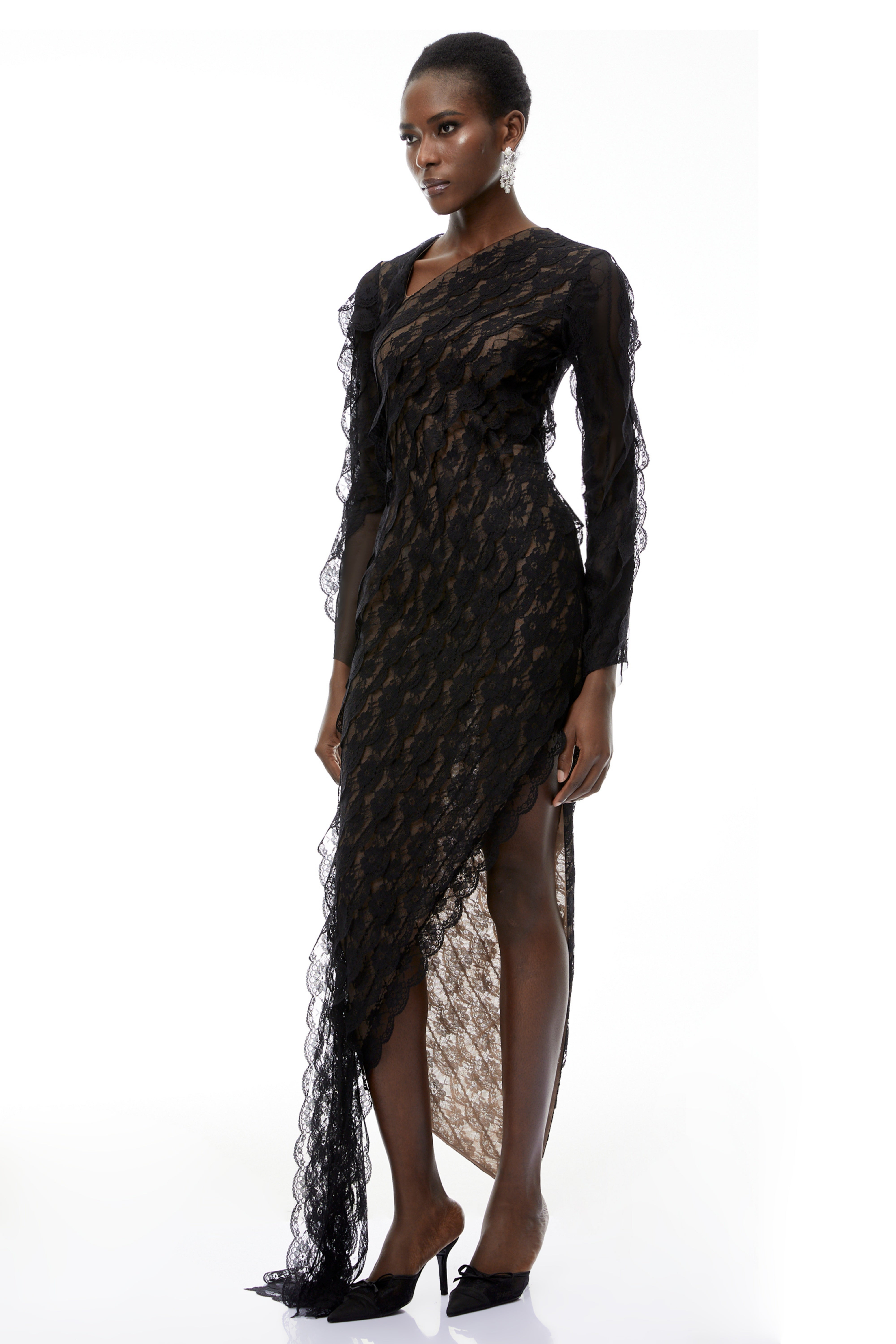 Gemma Black Floral Lace Asymmetrical Maxi Dress