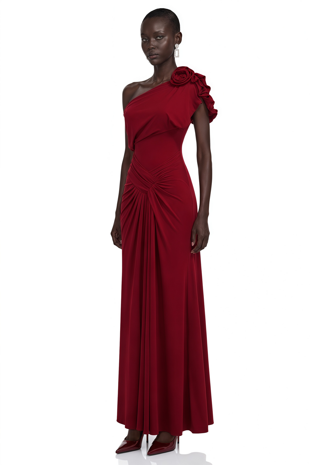 Genevieve Red One Shoulder Ruched Maxi Dress