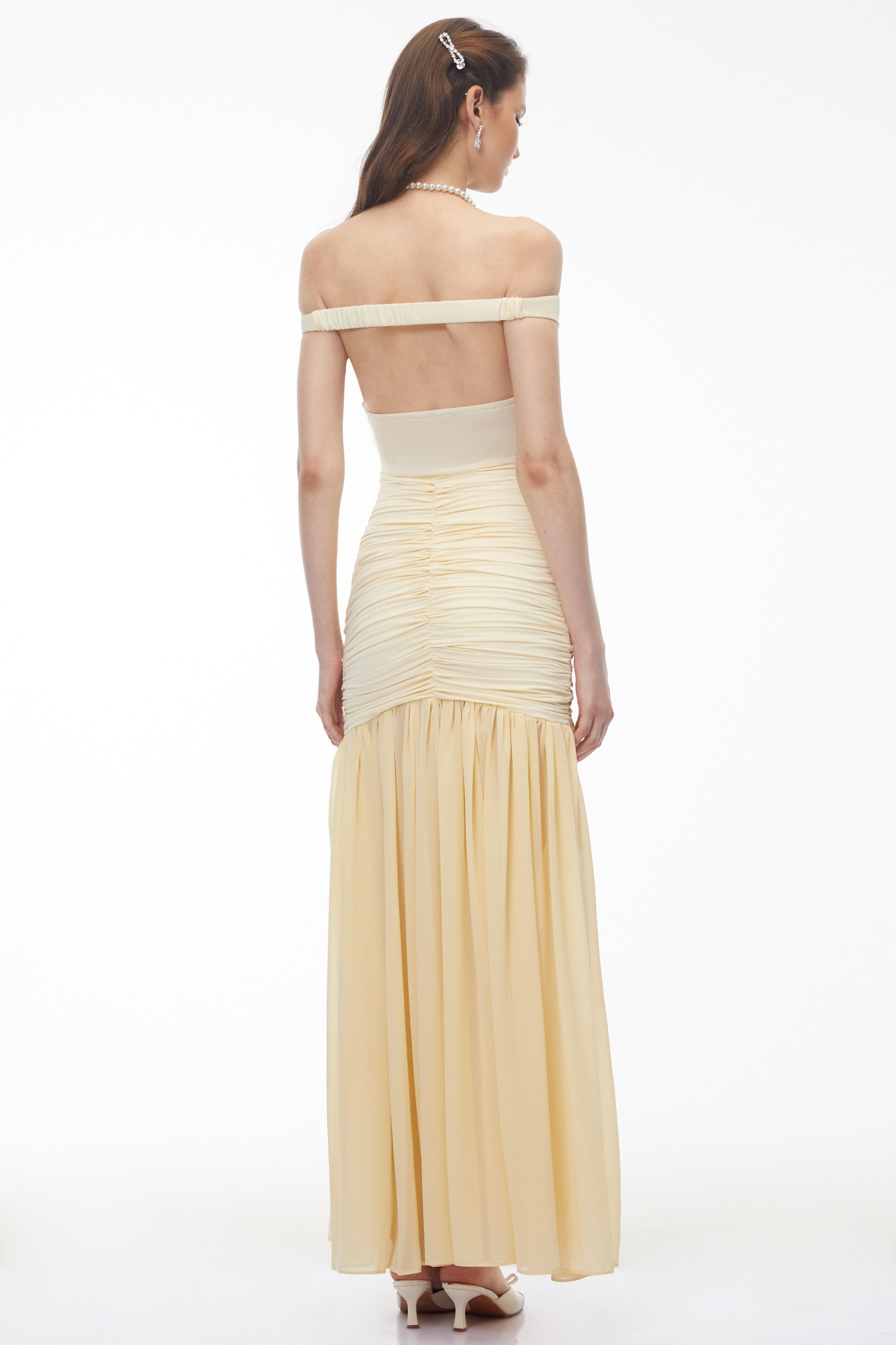 Geneviève Yellow Off Shoulder Ruched Maxi Dress (Final Sale-US Only)