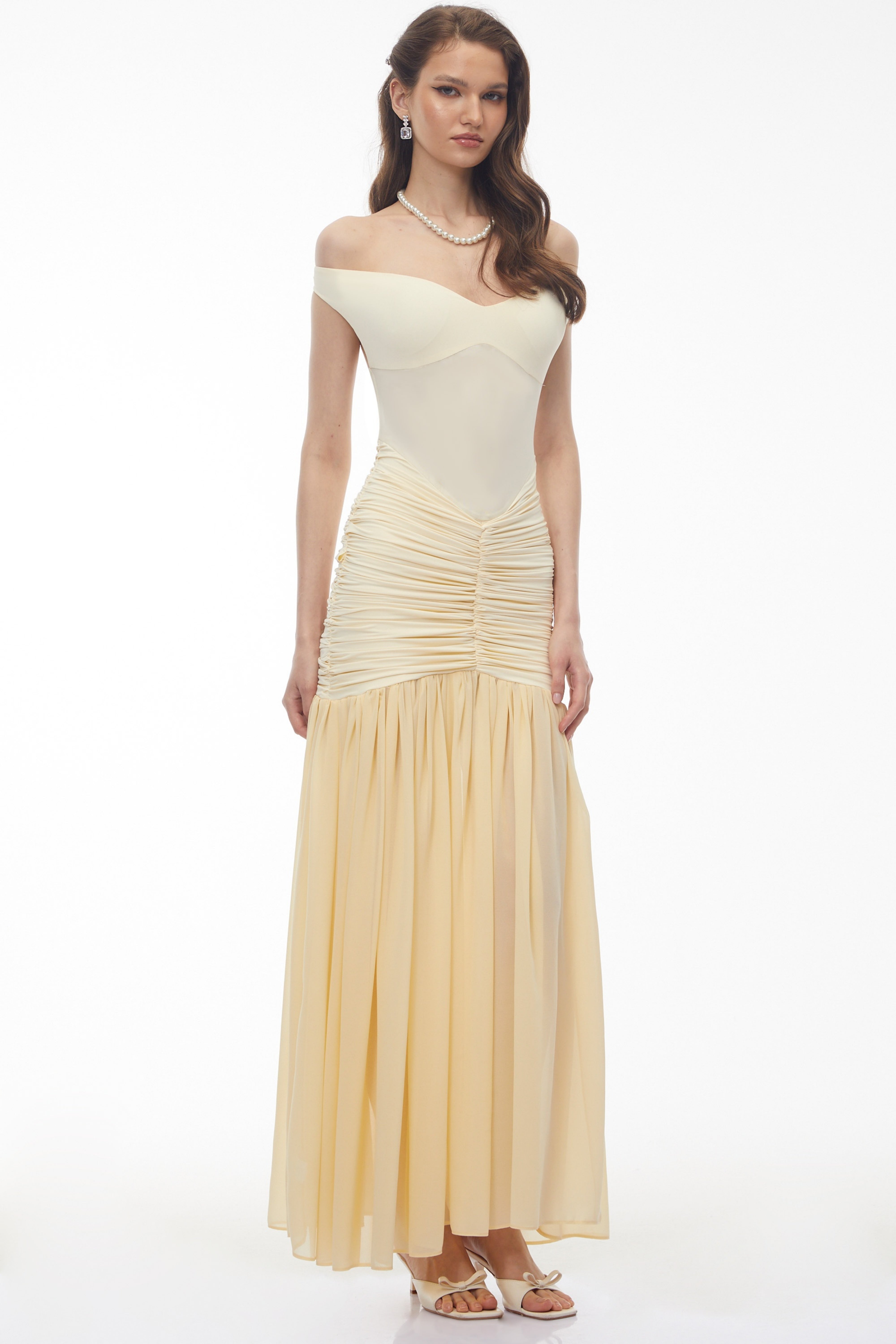 Geneviève Yellow Off Shoulder Ruched Maxi Dress (Final Sale-US Only)