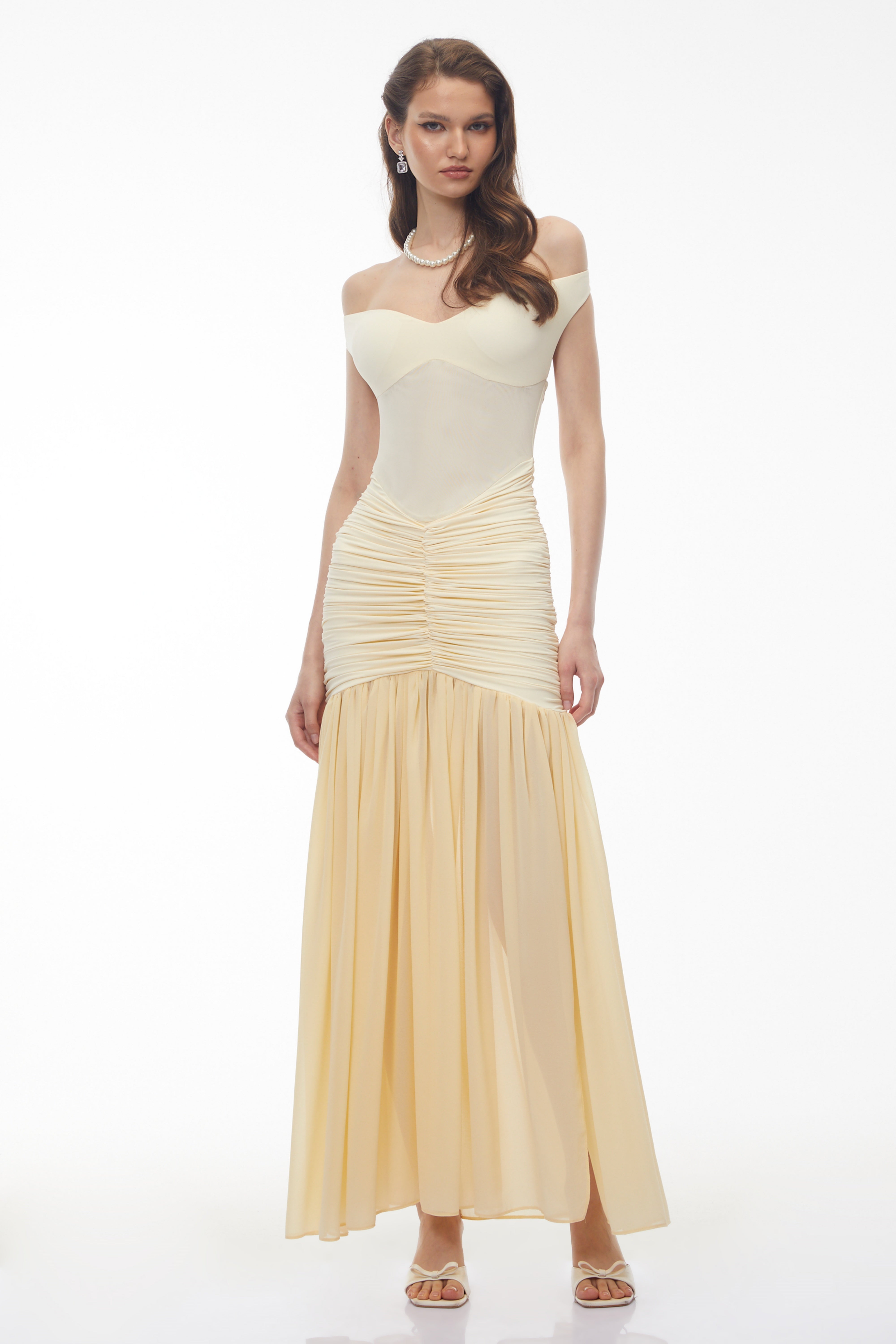 Geneviève Yellow Off Shoulder Ruched Maxi Dress (Final Sale-US Only)