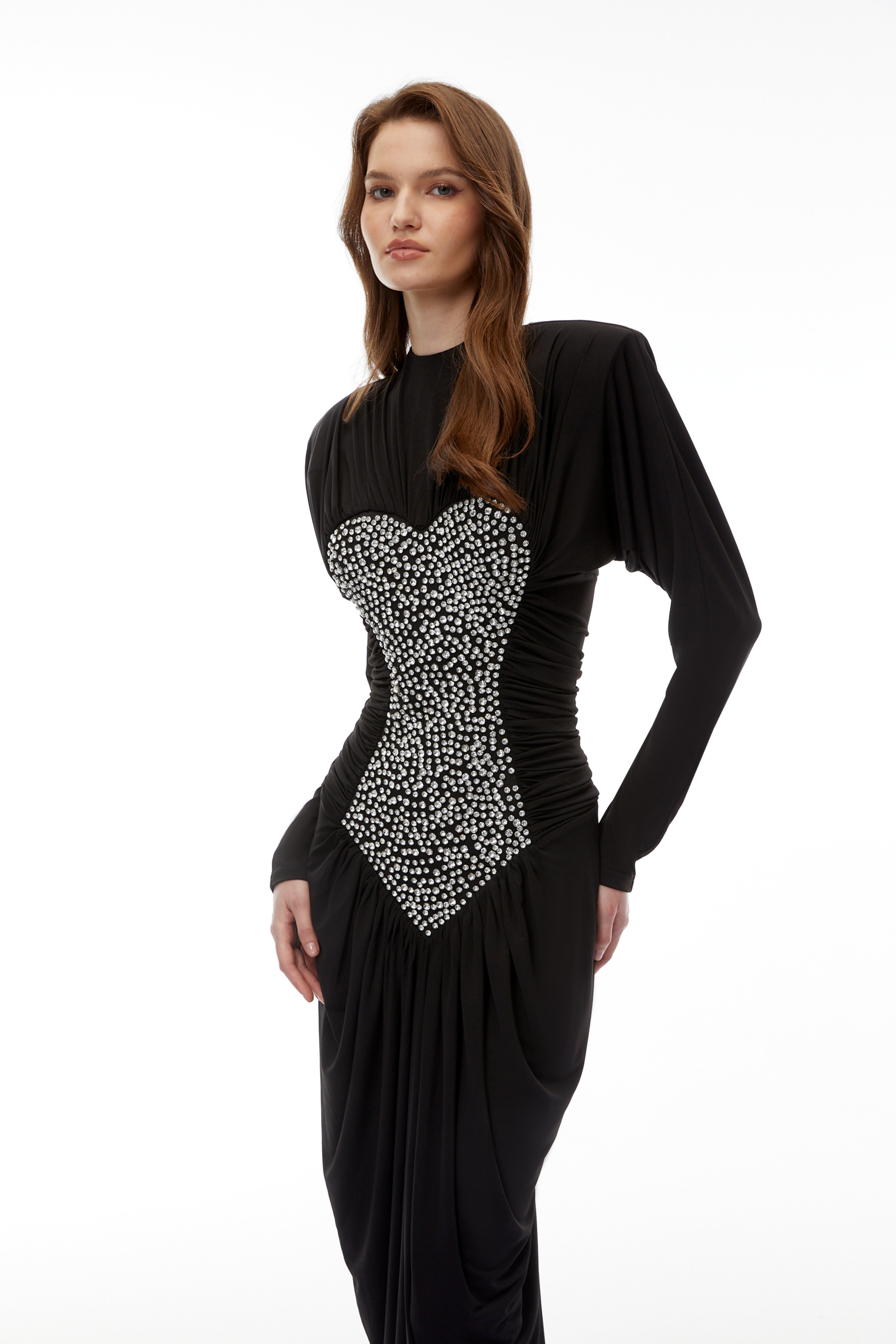 Genevra Black Embellished Ruched Maxi Dress