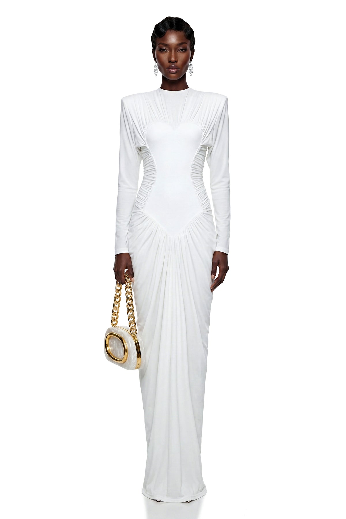 Genevra White Crystal Embellished Ruched Maxi Dress