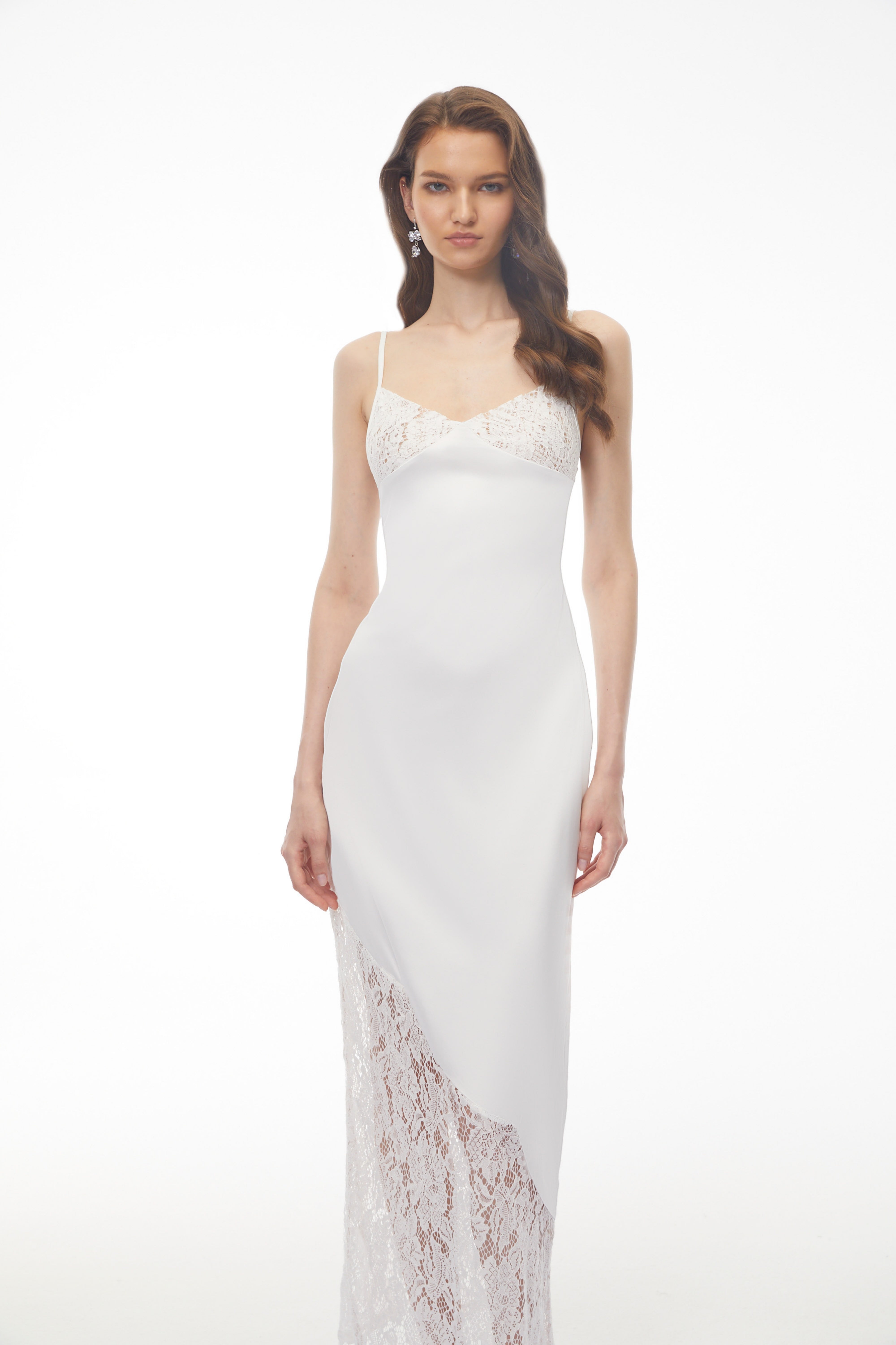 Georgia White V-neck Floral Lace Satin Panelled Maxi Dress