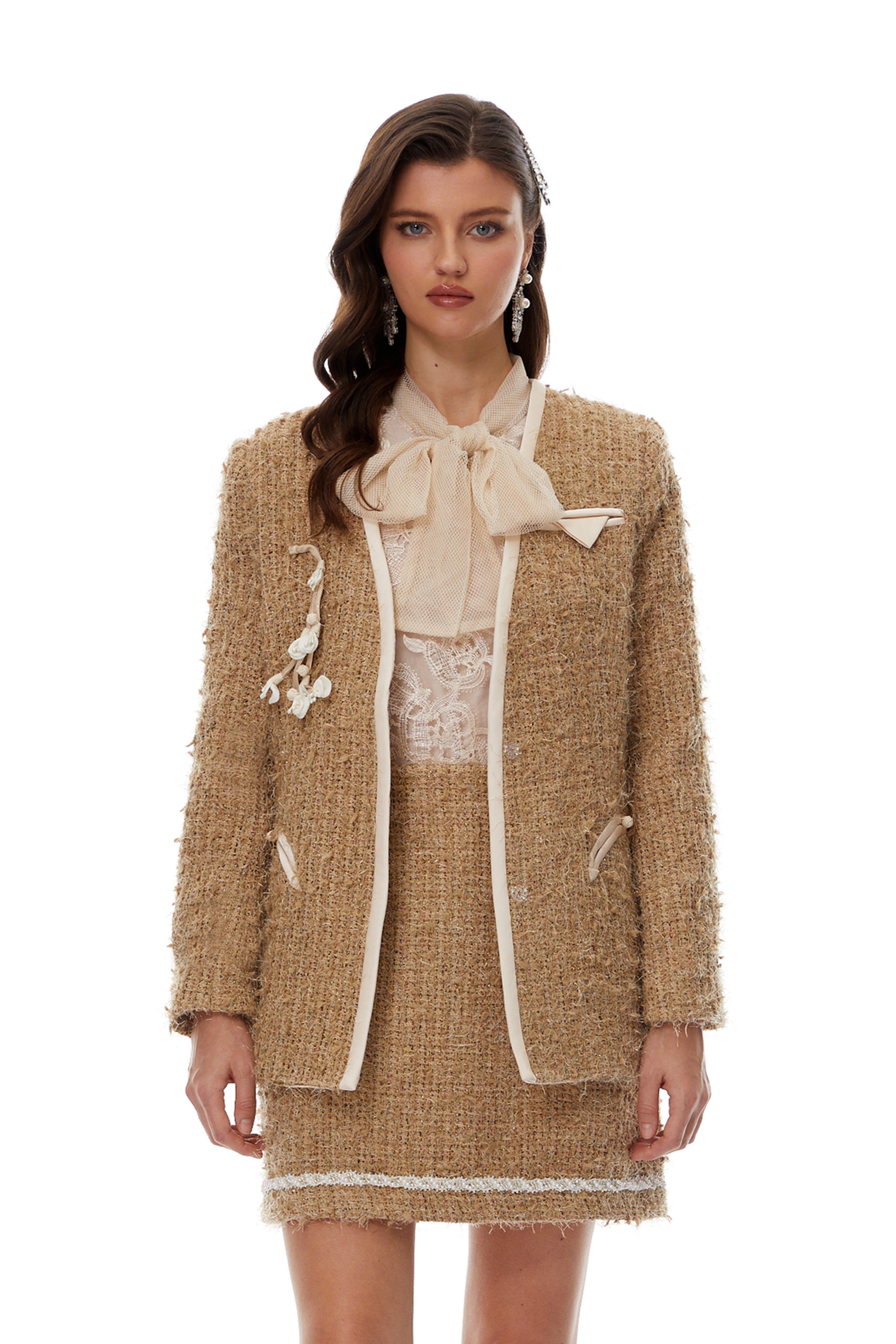 Ghita Gold Tweed Jacket & Sef-Tie Shirt & Skirt Set (Final Sale)