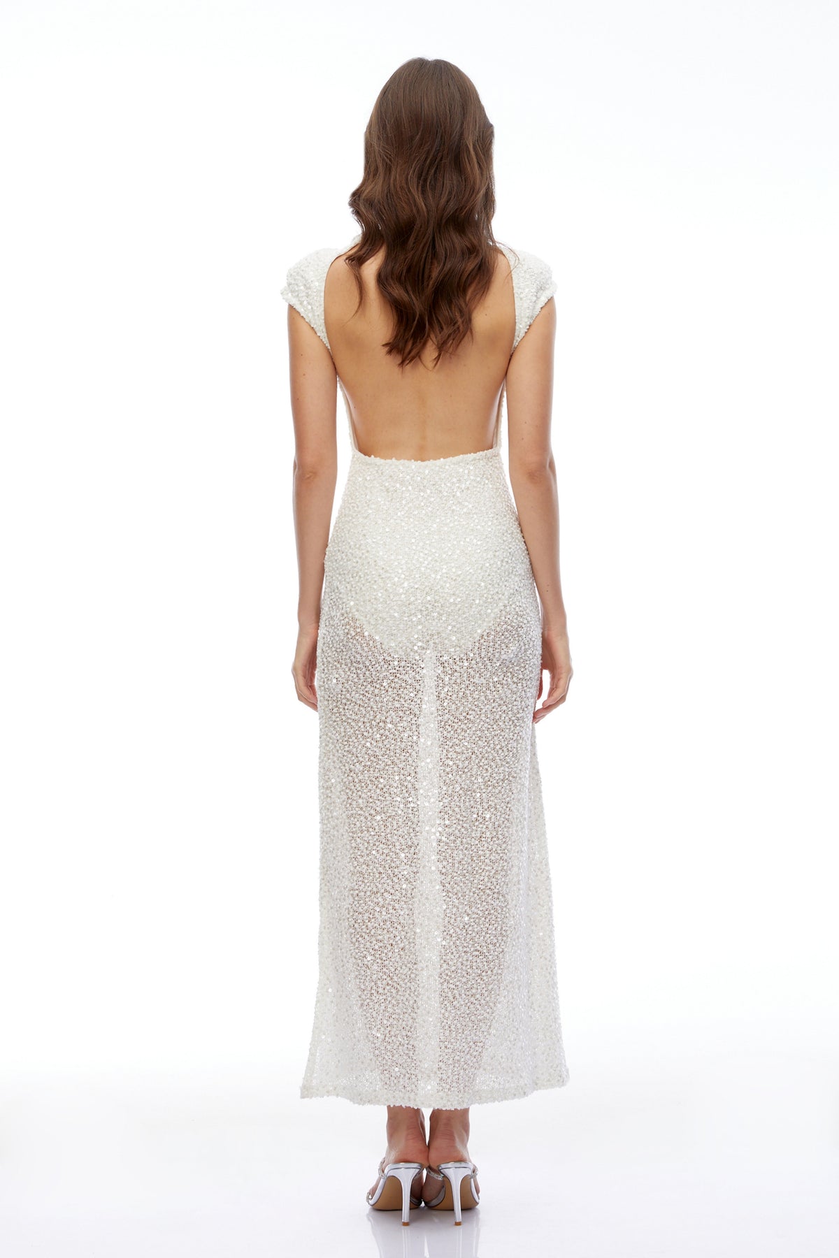 Gianna White Semi-Sheer Embellished Maxi Dress with Cap Sleeves