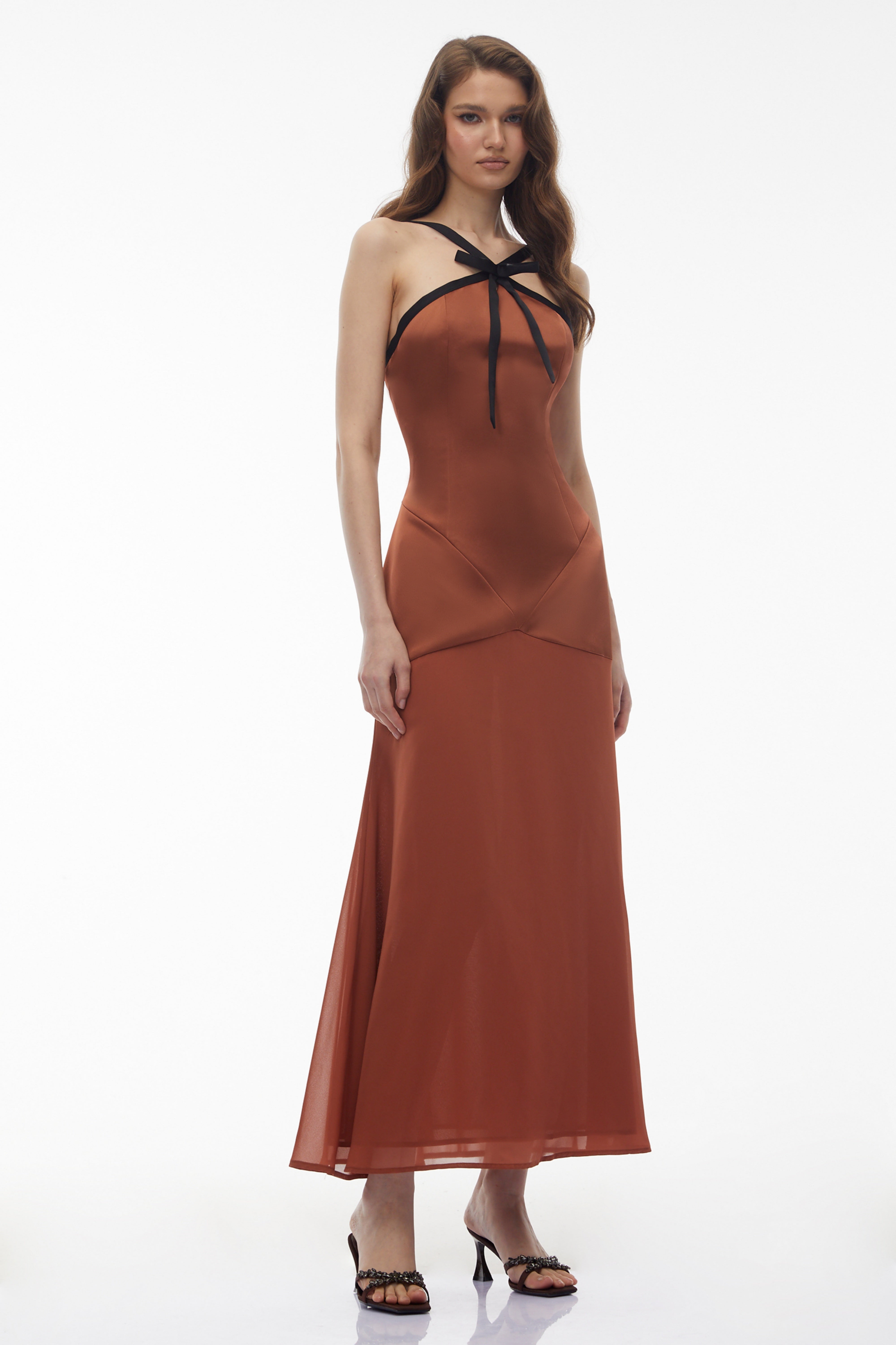 Ginevra Brown Halterneck Maxi Dress with Bow (Final Sale)