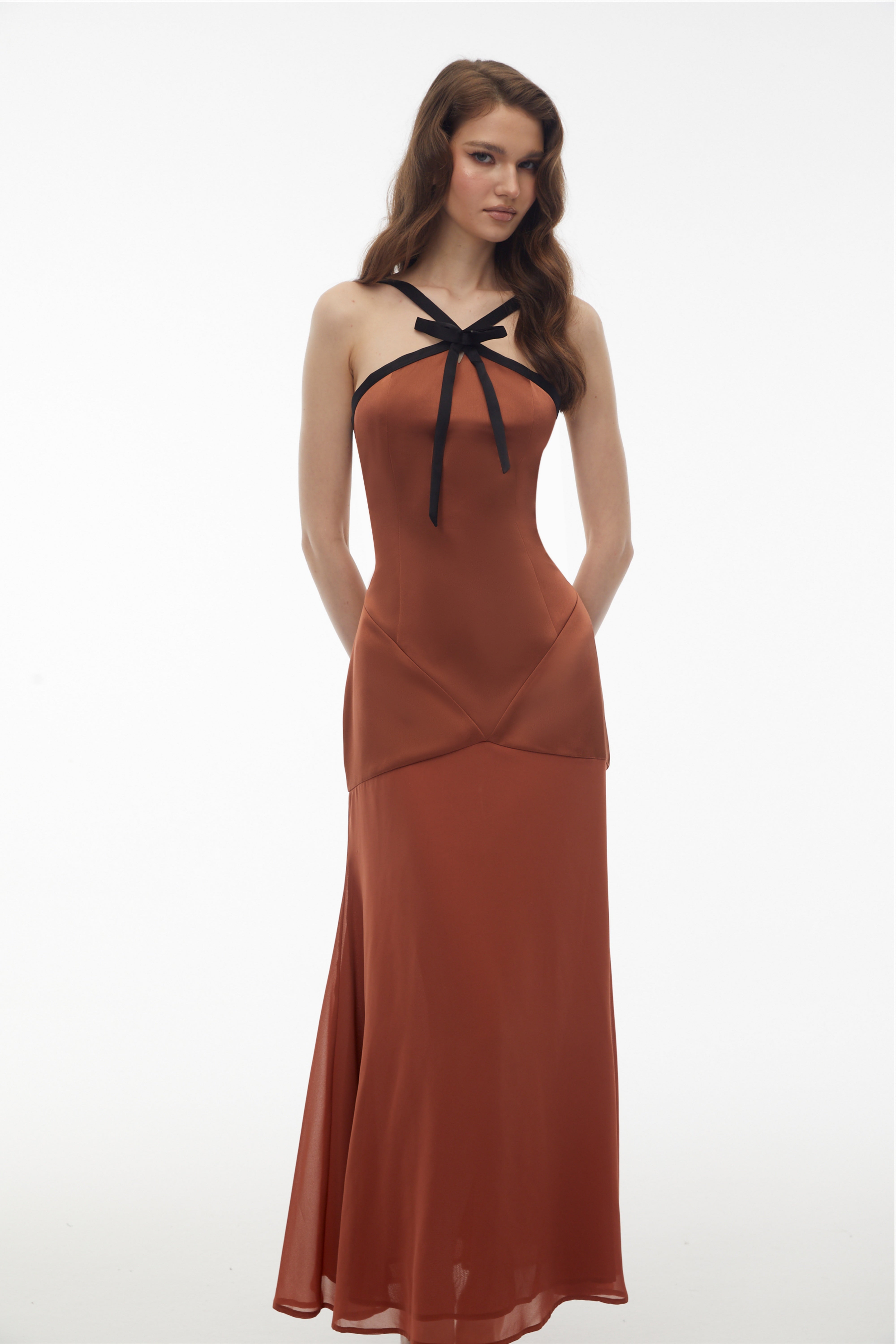 Ginevra Brown Halterneck Maxi Dress with Bow (Final Sale)