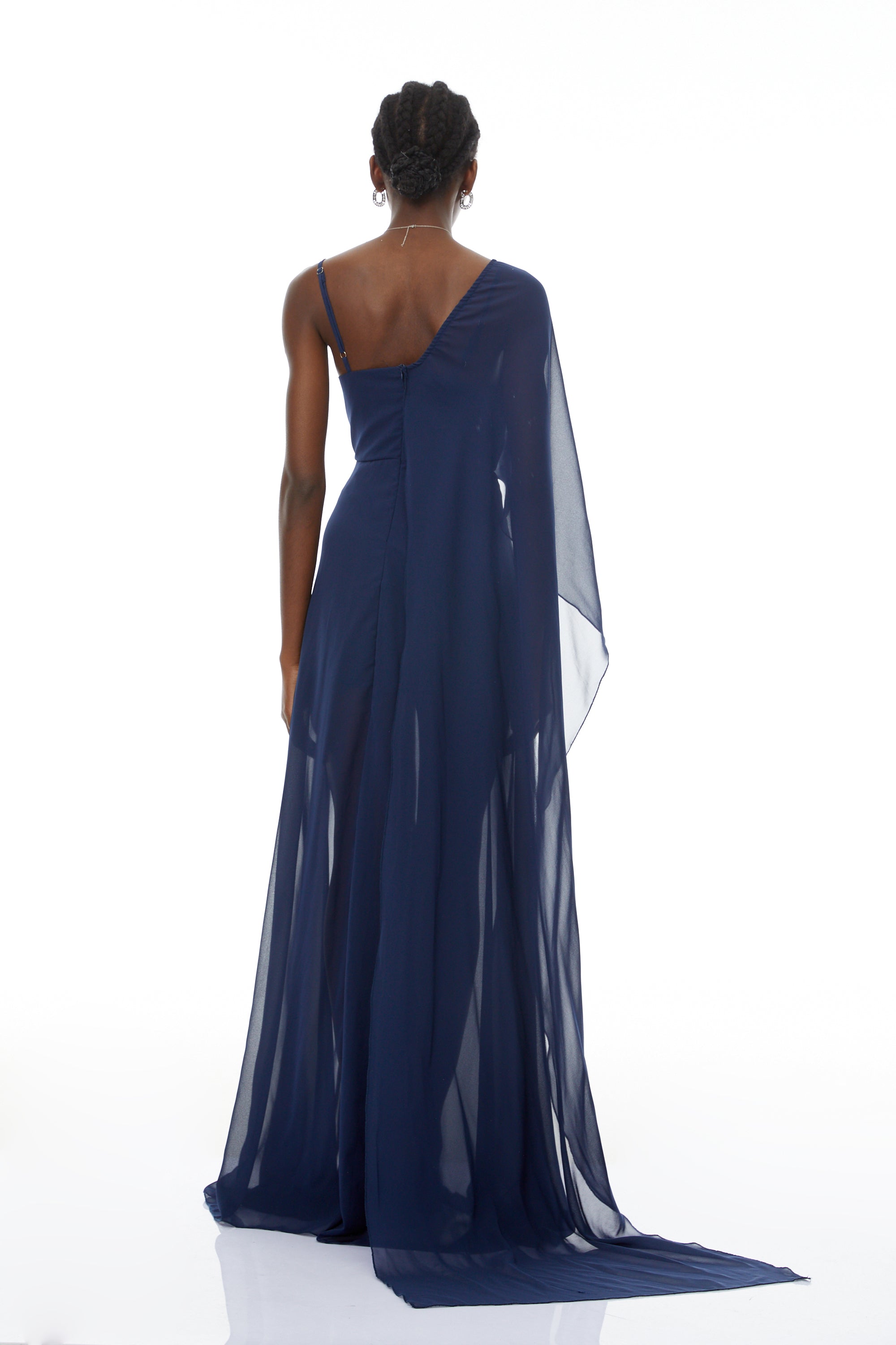 Ginevra Navy One Shoulder Cape Maxi Gown